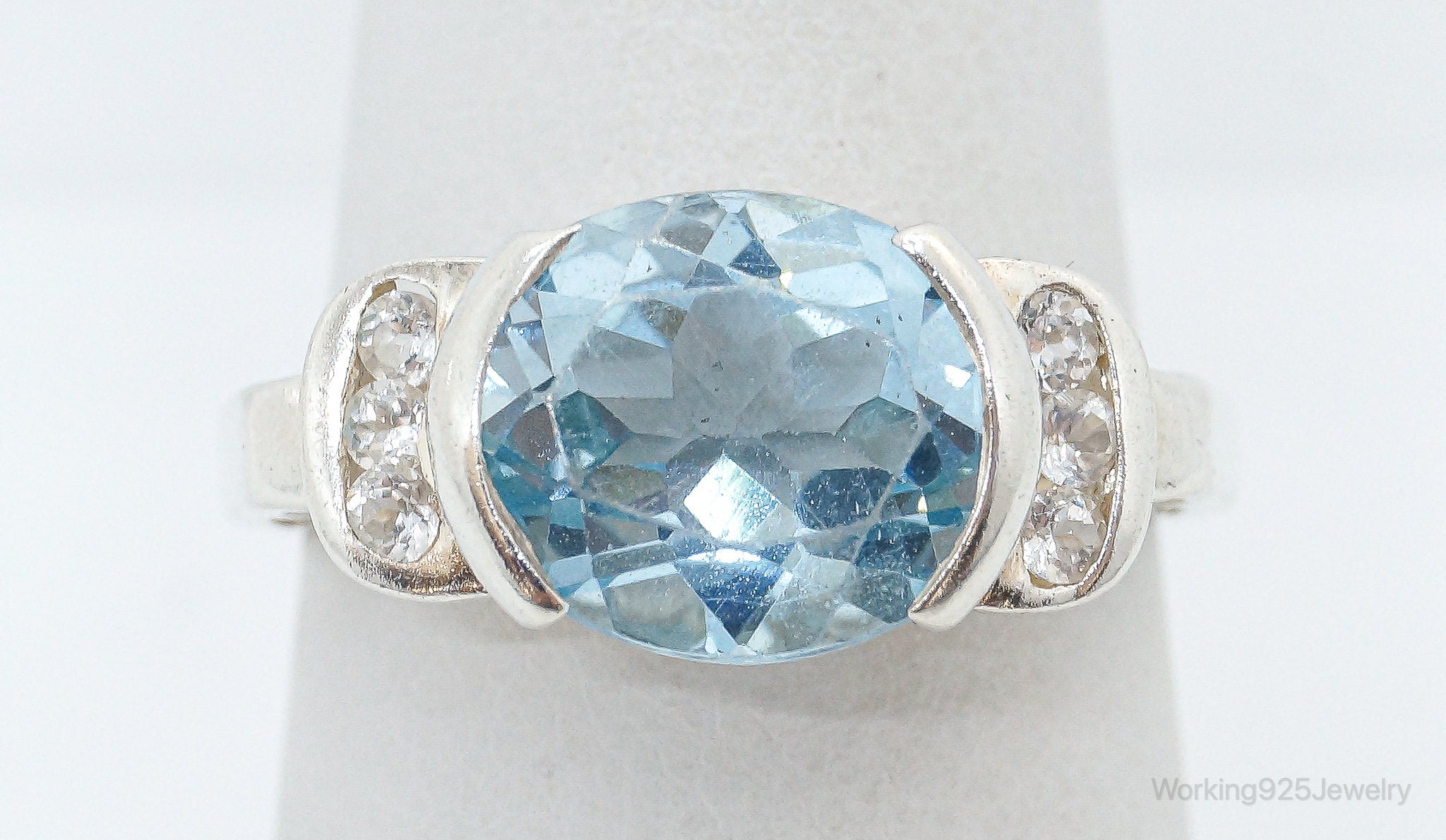 Vintage Blue Topaz Cubic Zirconia Sterling Silver Ring - Size 7.25