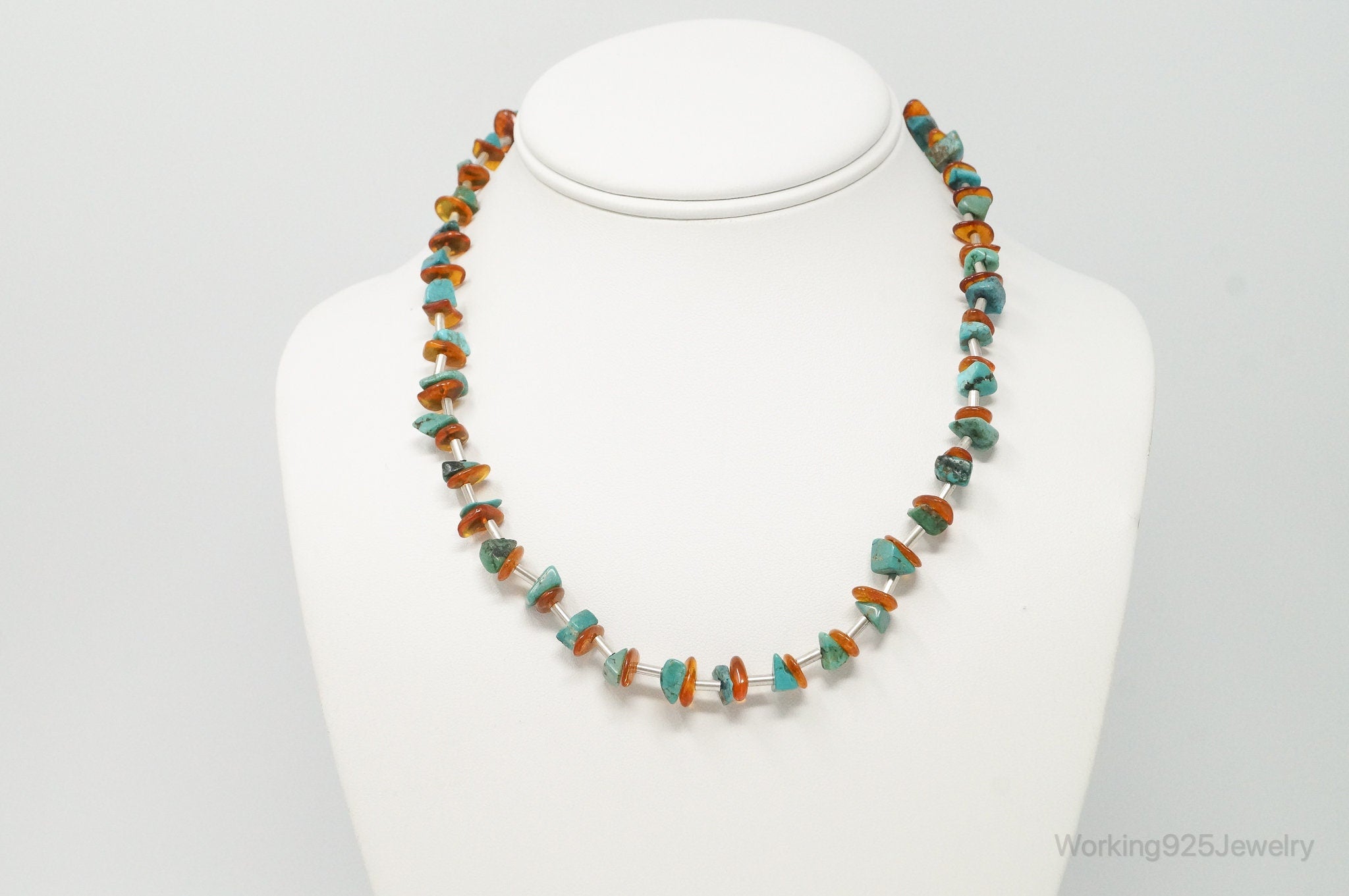 Designer Carolyn Pollack Relios Turquoise Amber Sterling Silver Necklace