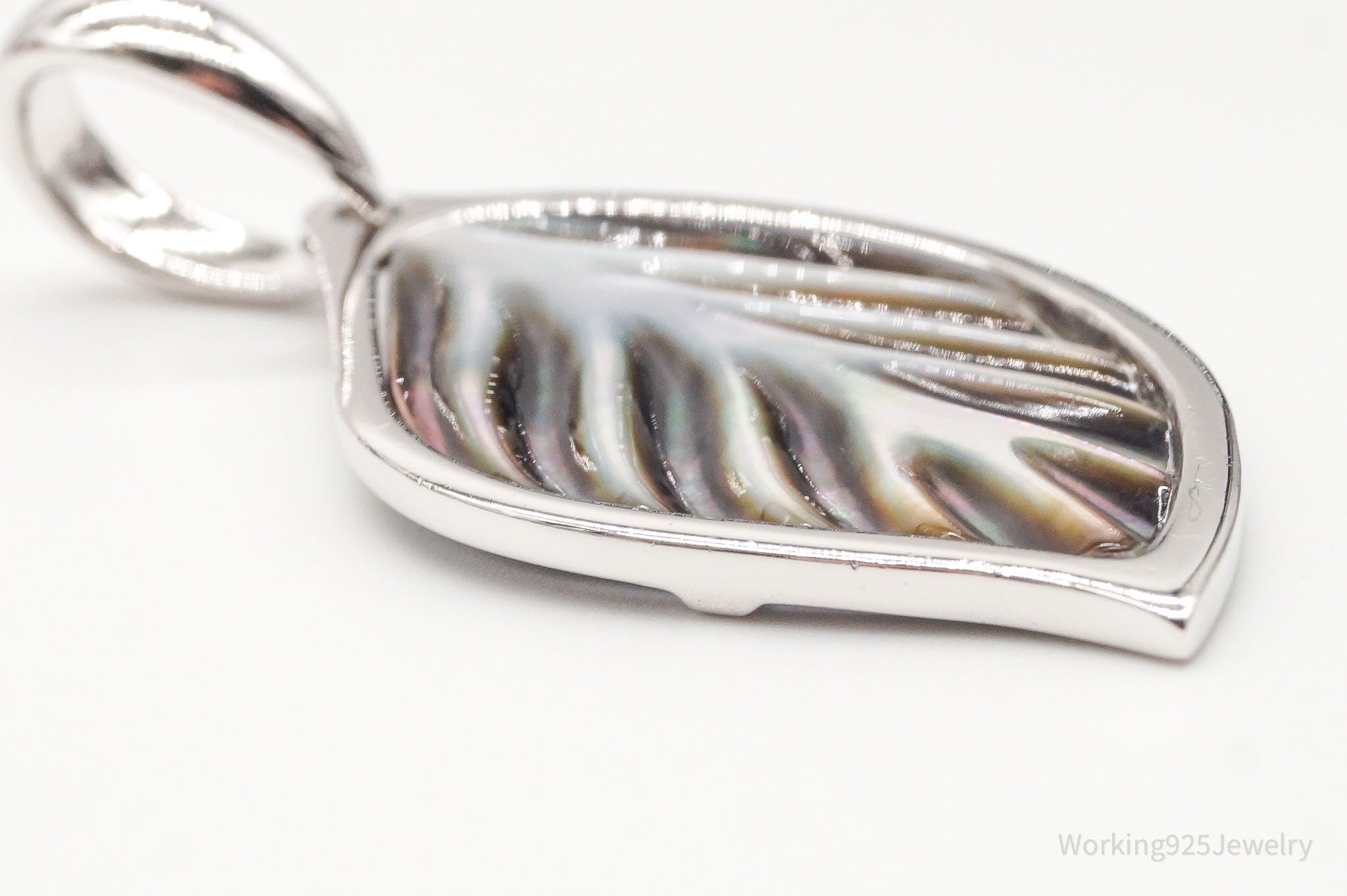 Large Vintage Carved Abalone Shell Sterling Silver Leaf Pendant