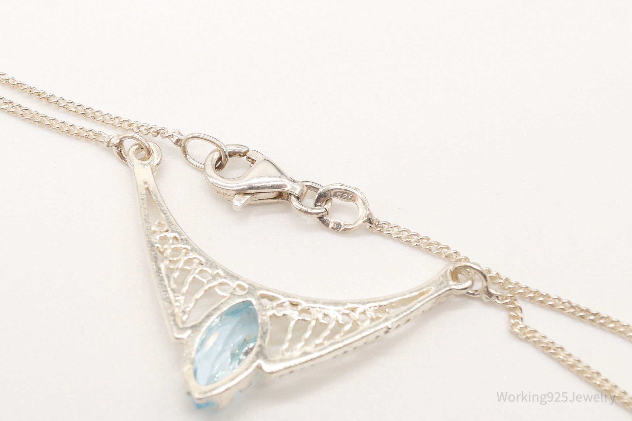 Vintage Blue Topaz Filigree Sterling Silver Chain Necklace