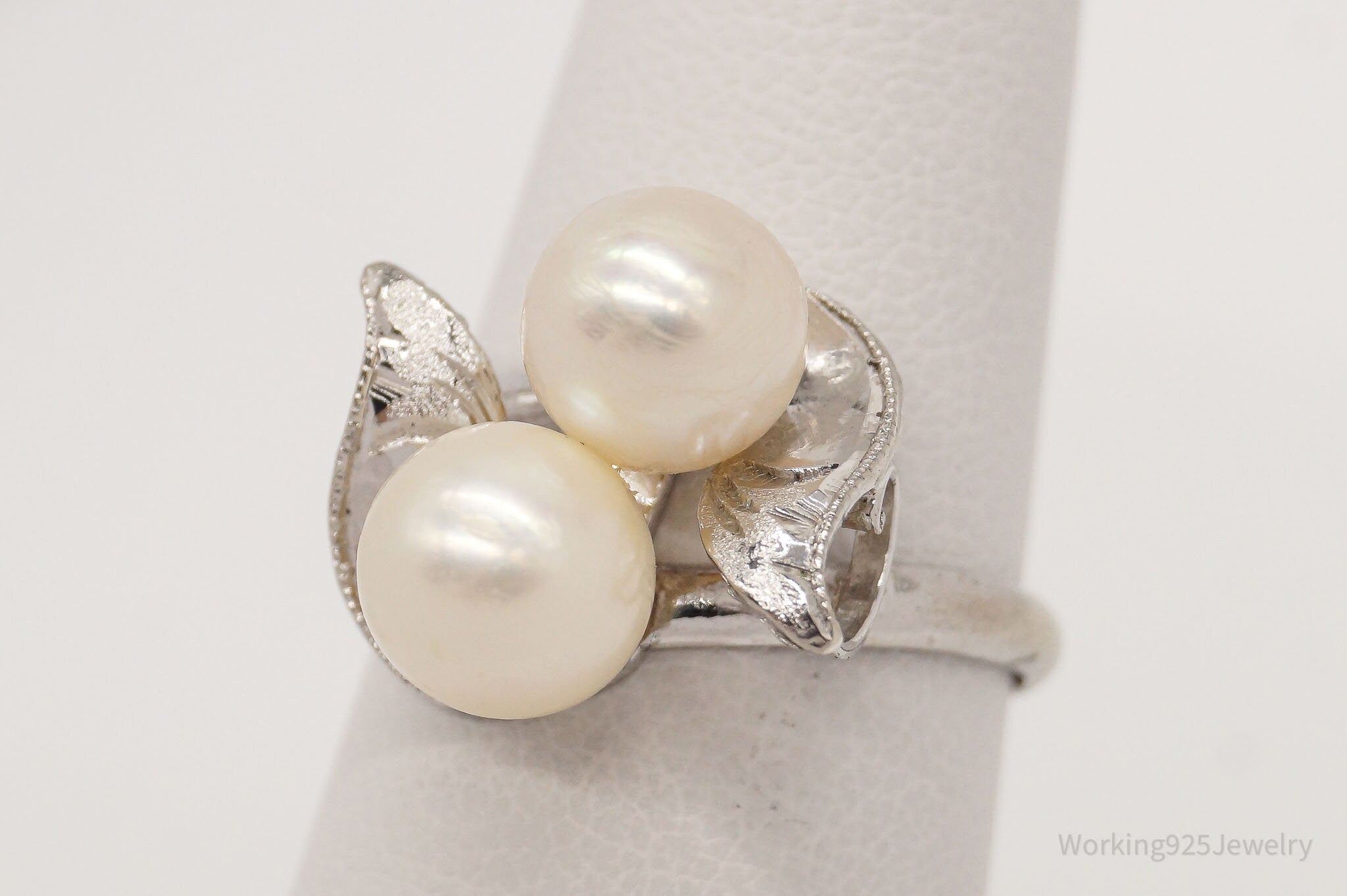 Antique Faux Pearl Silver Ring - Size 5.75