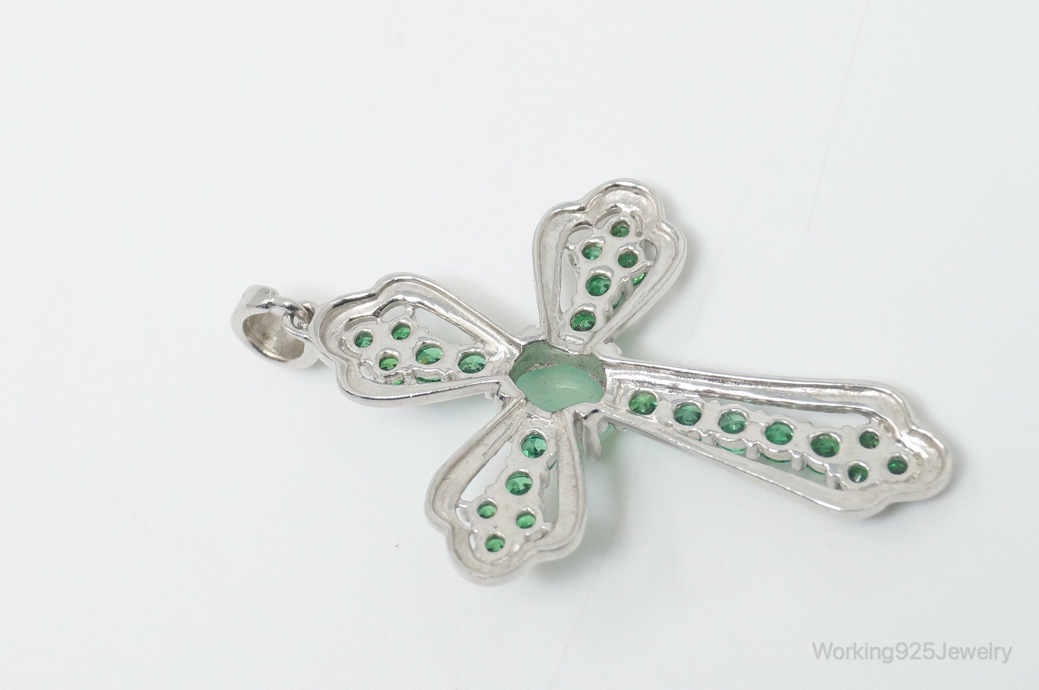 Vintage Green Chalcedony Green Cubic Zirconia Cross Sterling Silver Pendant