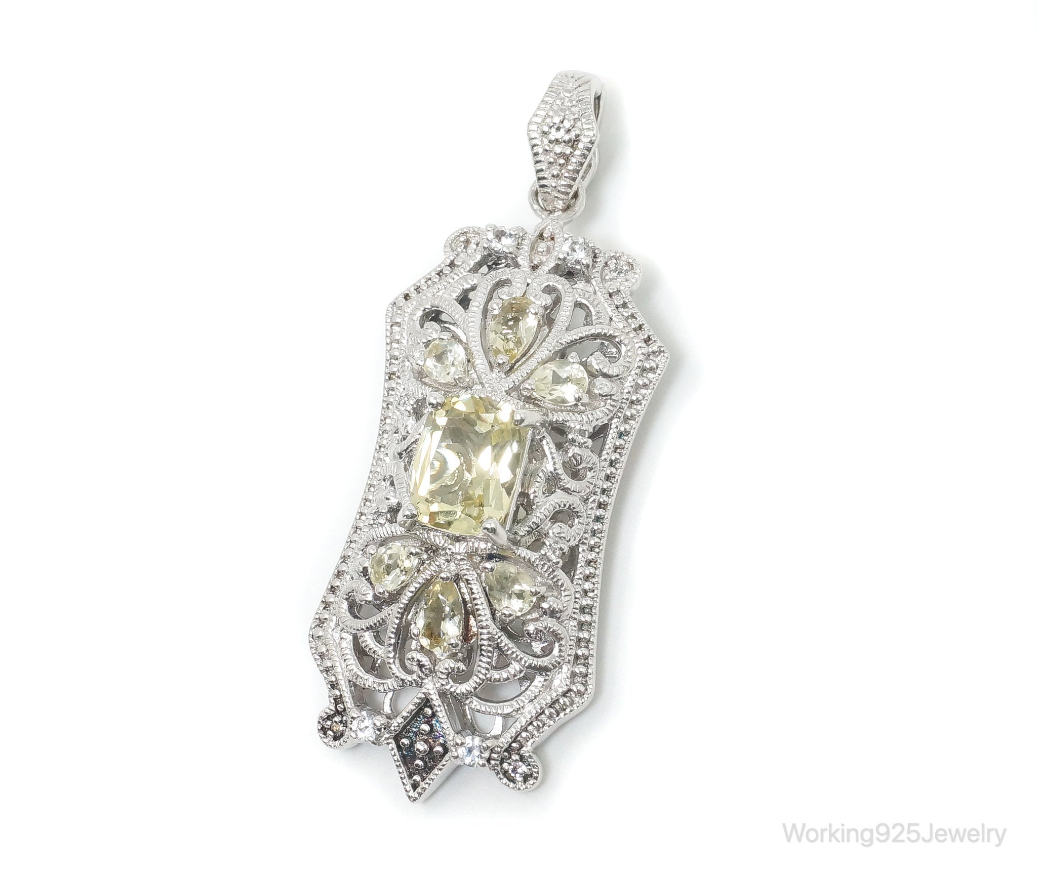 Vintage Art Deco Cubic Zirconia Peridot Sterling Silver Necklace Pendant