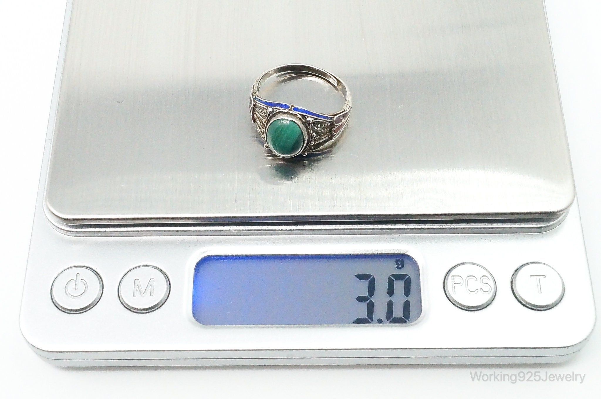 Vintage Chinese Malachite Enamel Filigree Silver Ring - Size 6.5