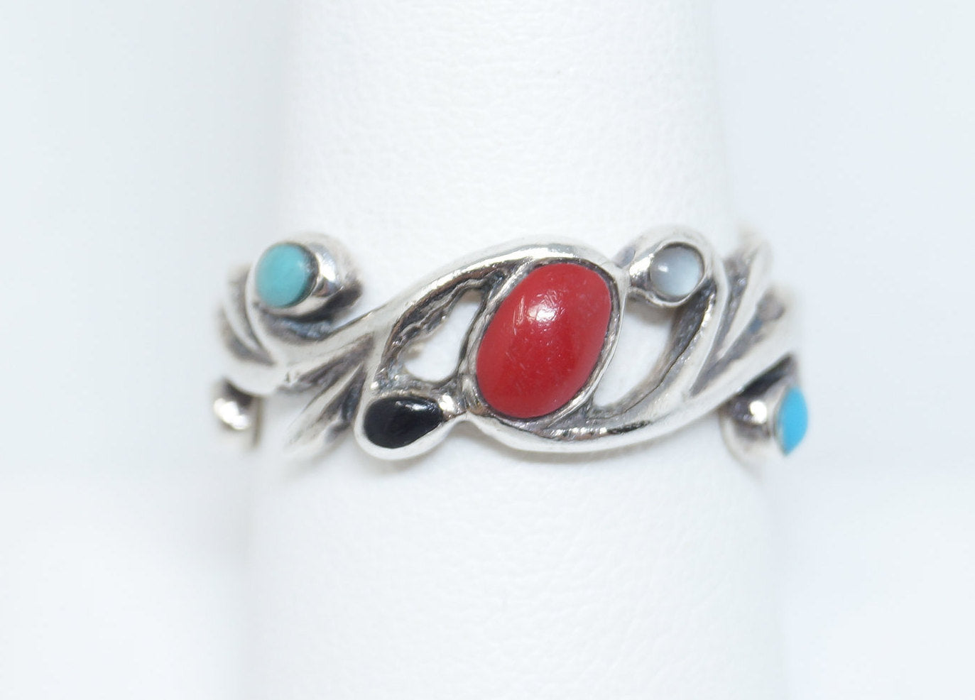 Vintage Art Nouveau Style Scroll Swirl Multi Gem Ring Sterling Silver - Size 8