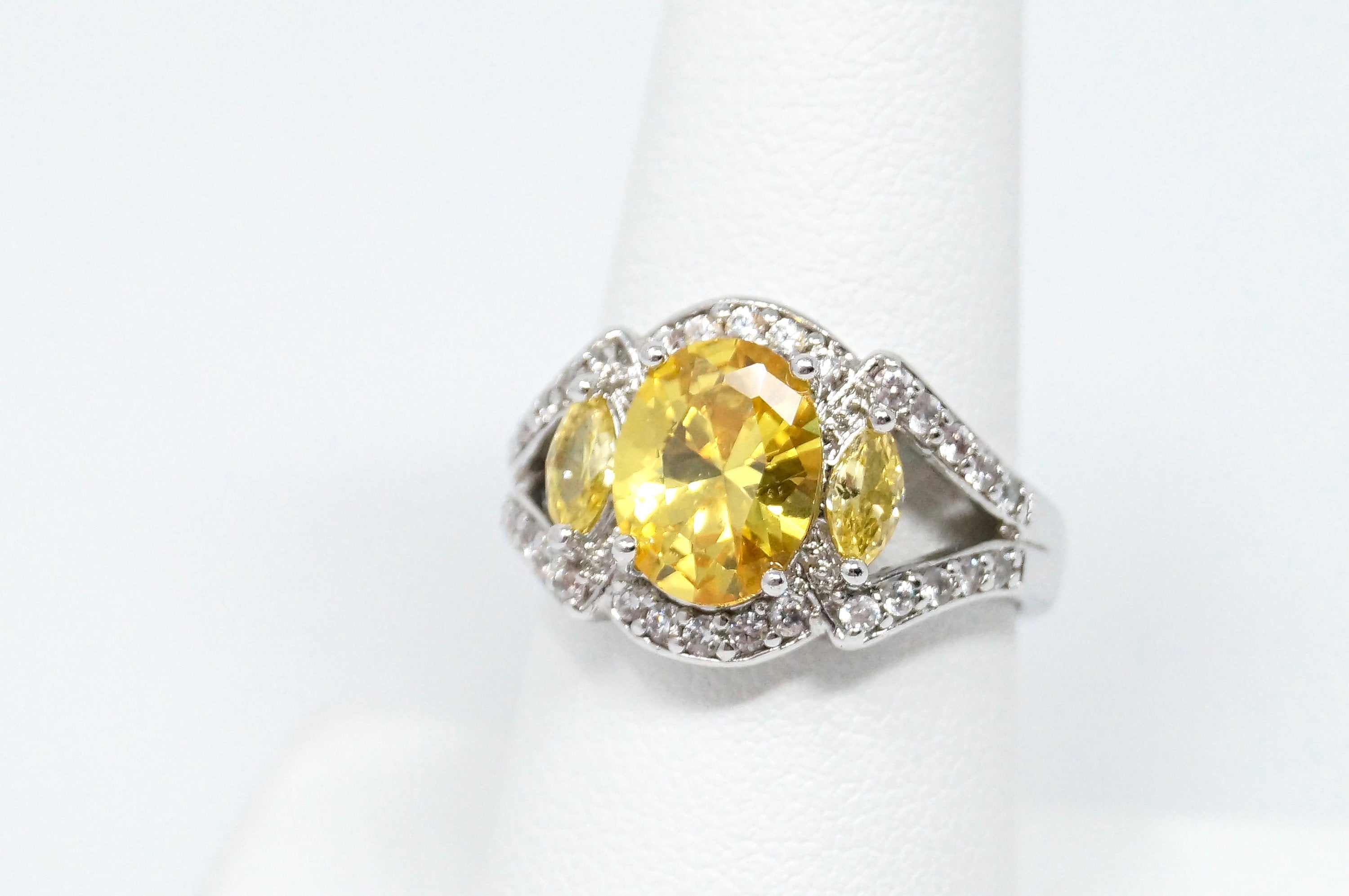 Art Deco Vintage Large Citrine Cz Accented Statement Ring Sterling Silver Sz 8