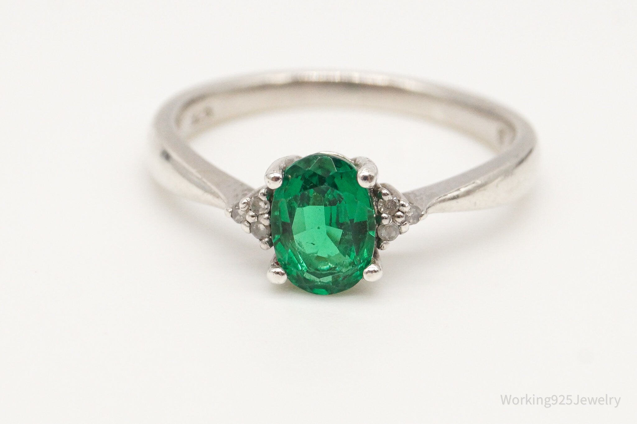 Vintage Lab Emerald Diamond Sterling Silver Ring Size 7.25