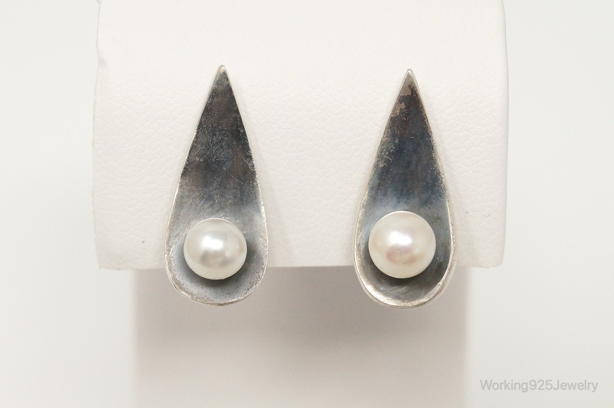 RARE Vintage Modernist Ed Wiener Pearl French Screw Back SterlingSilver Earrings