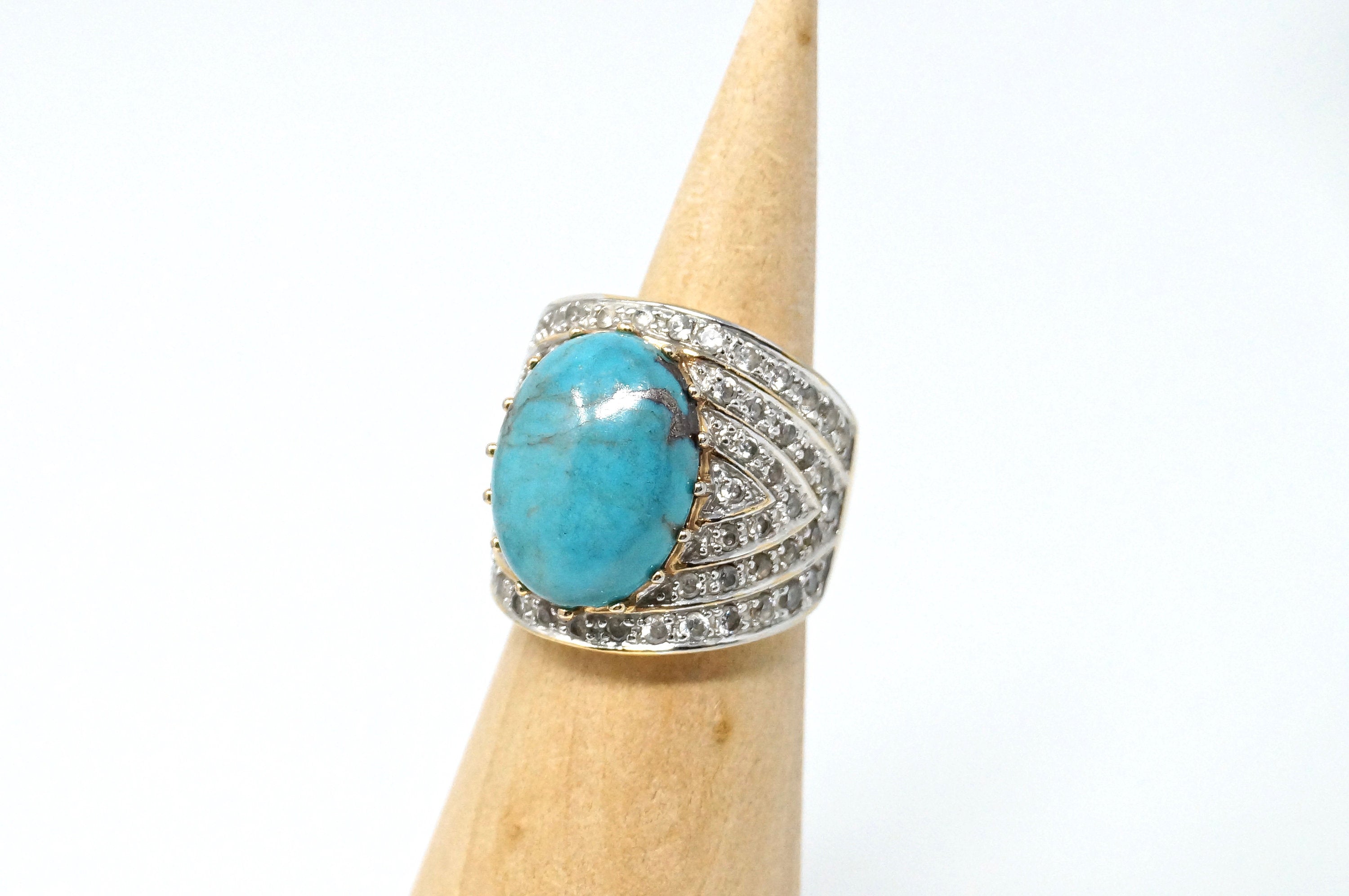 Beautiful Vintage Large Turquoise Cz Gold Vermeil Sterling Silver Ring - Size 6