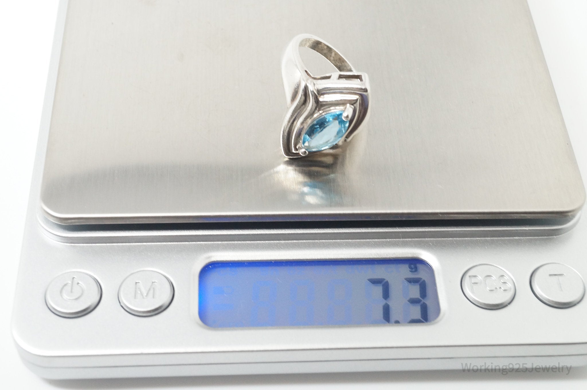 Vintage Designer Blue Topaz Art Deco Sterling Silver Ring - Sz 5.75