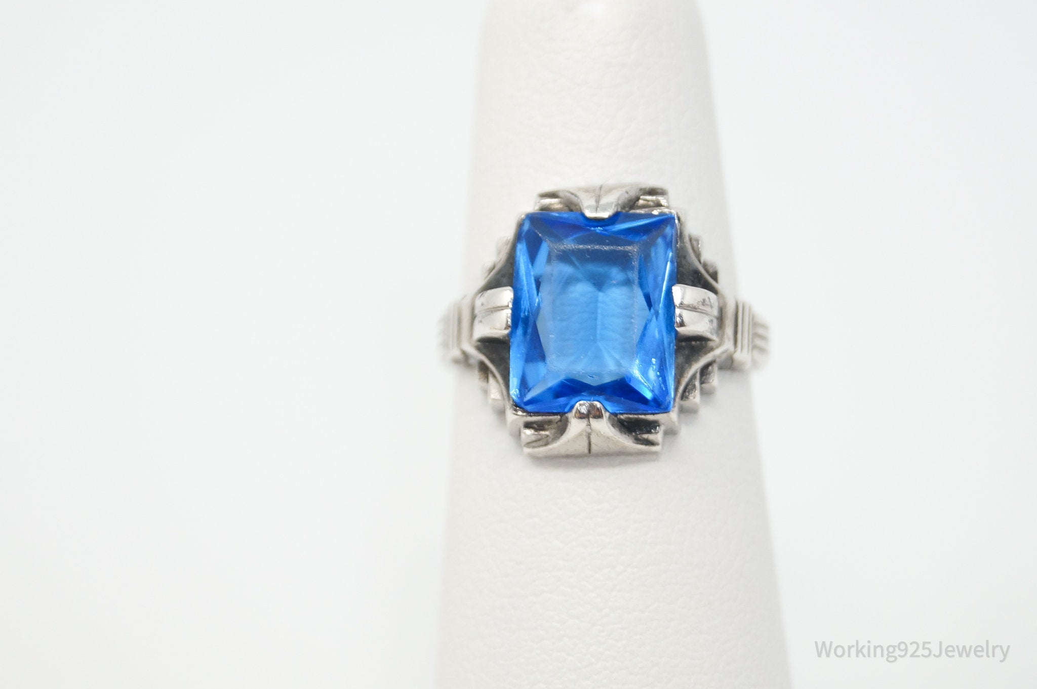 Antique Blue Glass Sterling Silver Statement Ring - Sz 4