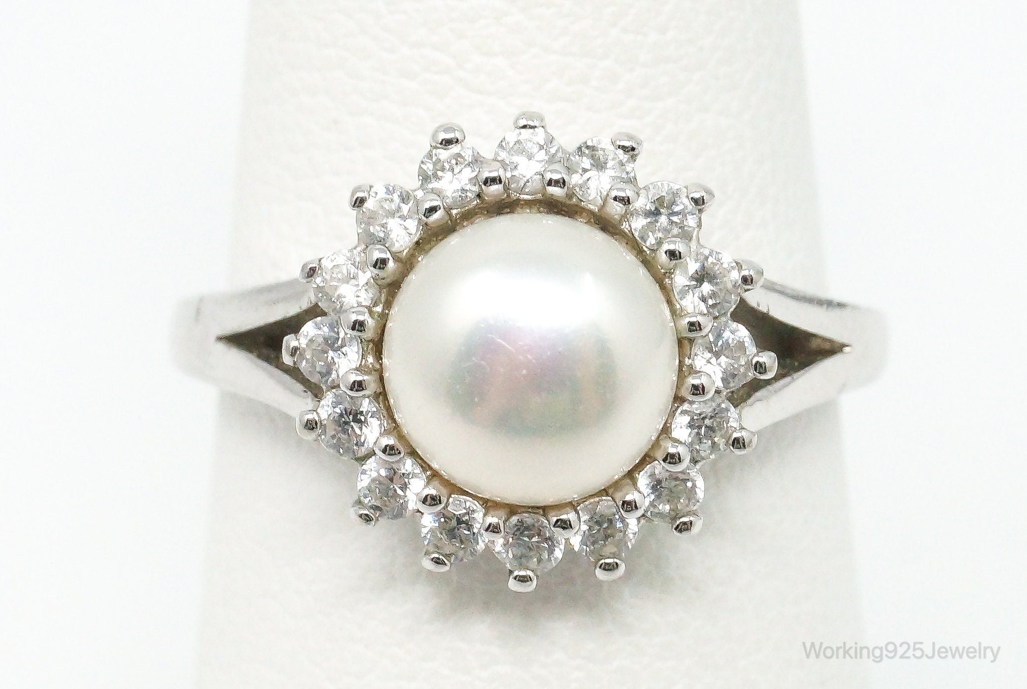 Vintage Designer Pearl Cubic Zirconia Sterling Silver Ring - Size 7