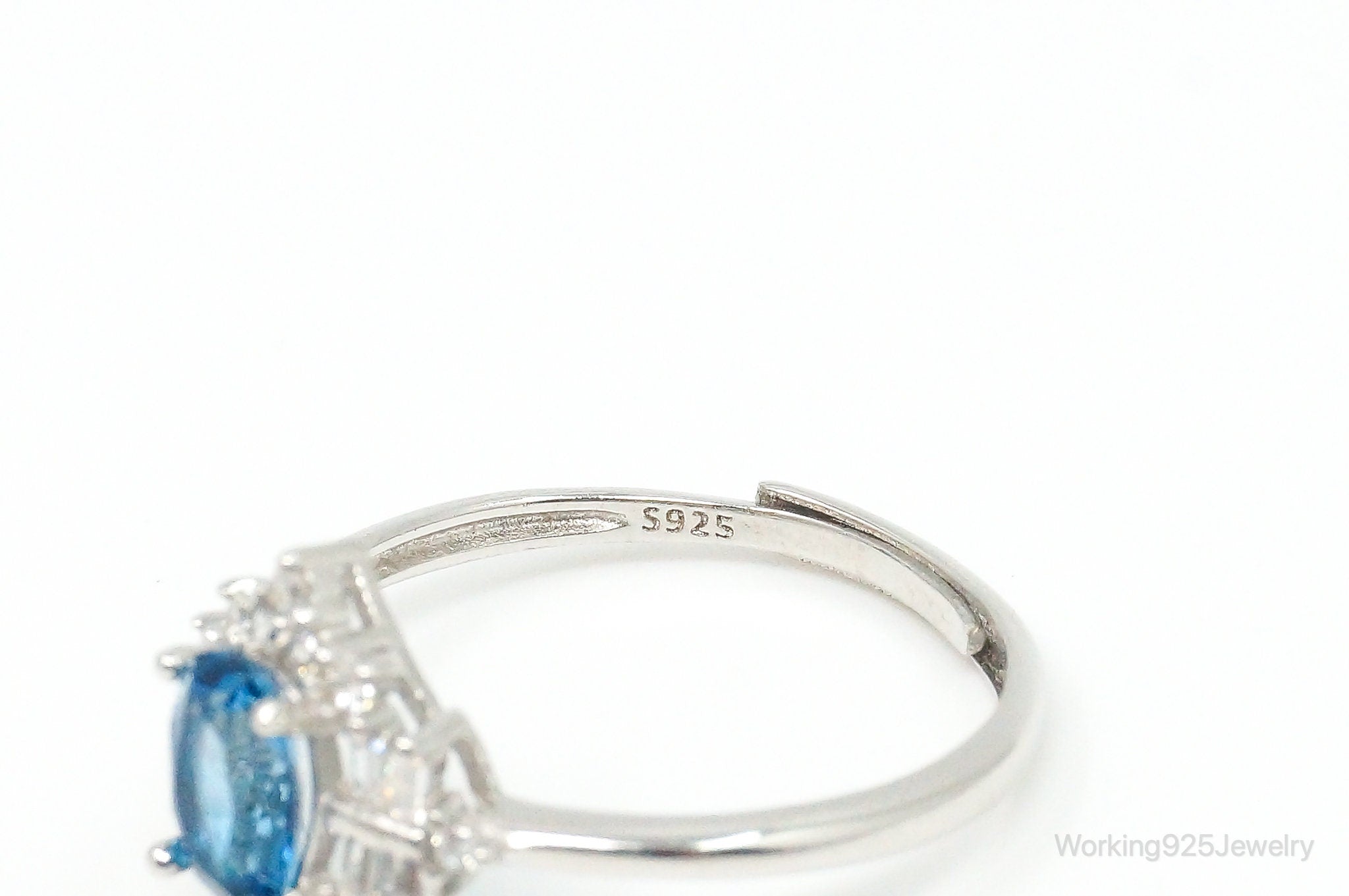 Vintage Art Deco Blue Topaz Cubic Zirconia Sterling Silver Ring - Size 8.25 Adj.