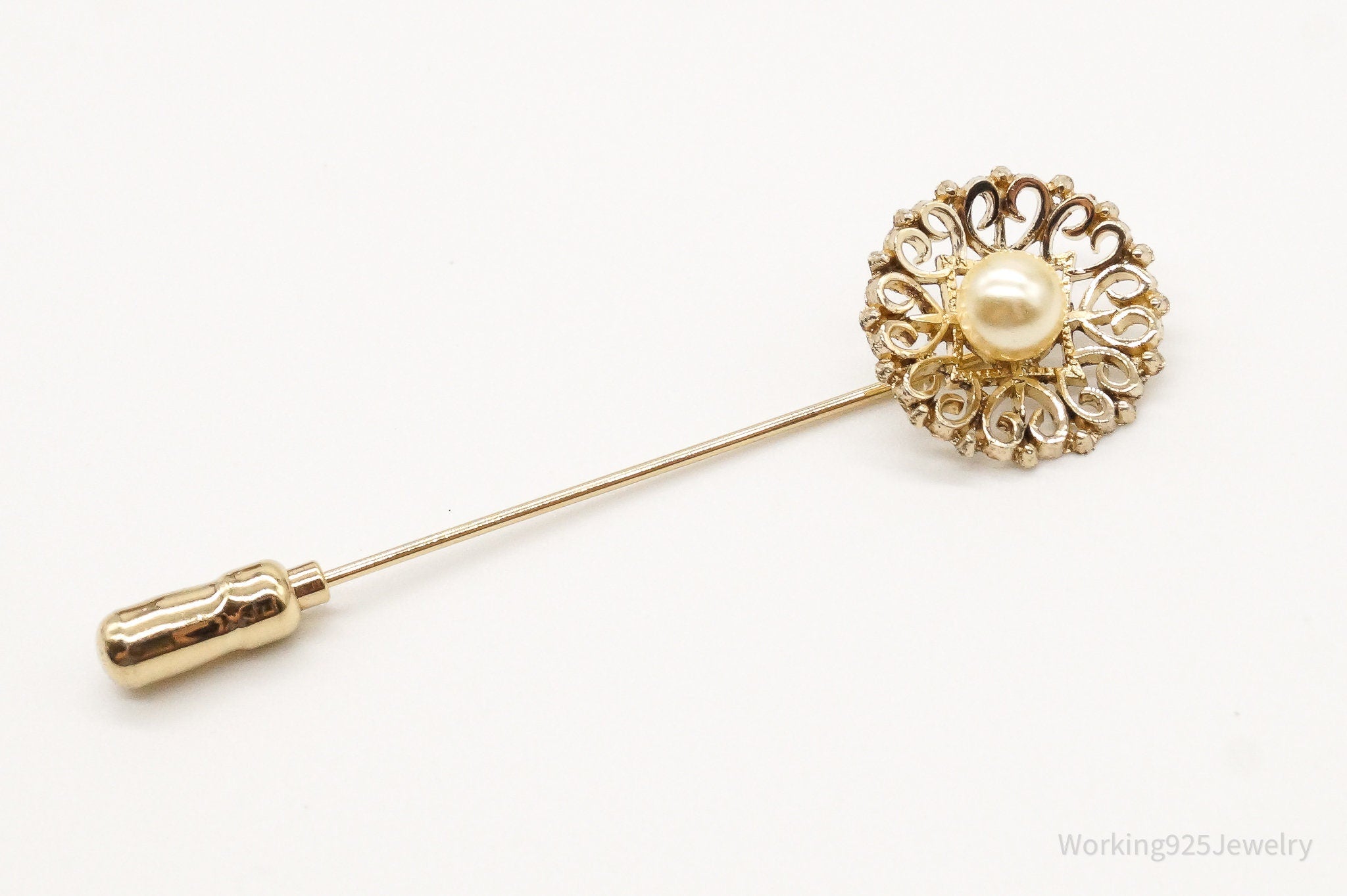 Antique Pearl Gold Vermeil Sterling Silver Stick Pin Brooch