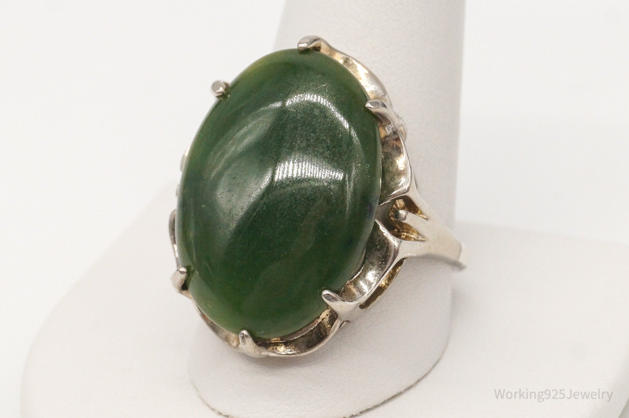 Antique Large Nephrite Jade Sterling Silver Ring - Size 10.75