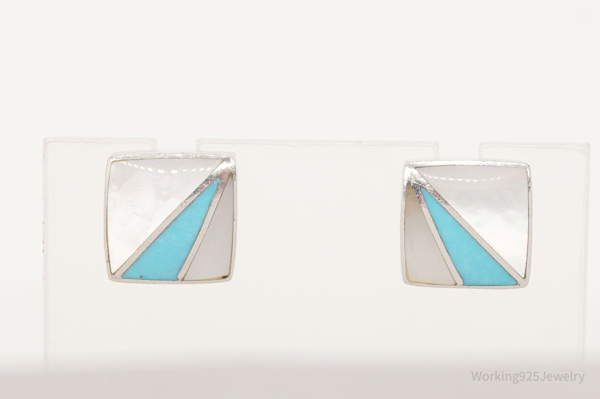 Vintage 90s Designer Acleoni Mother Of Pearl Turquoise Sterling Silver Earrings