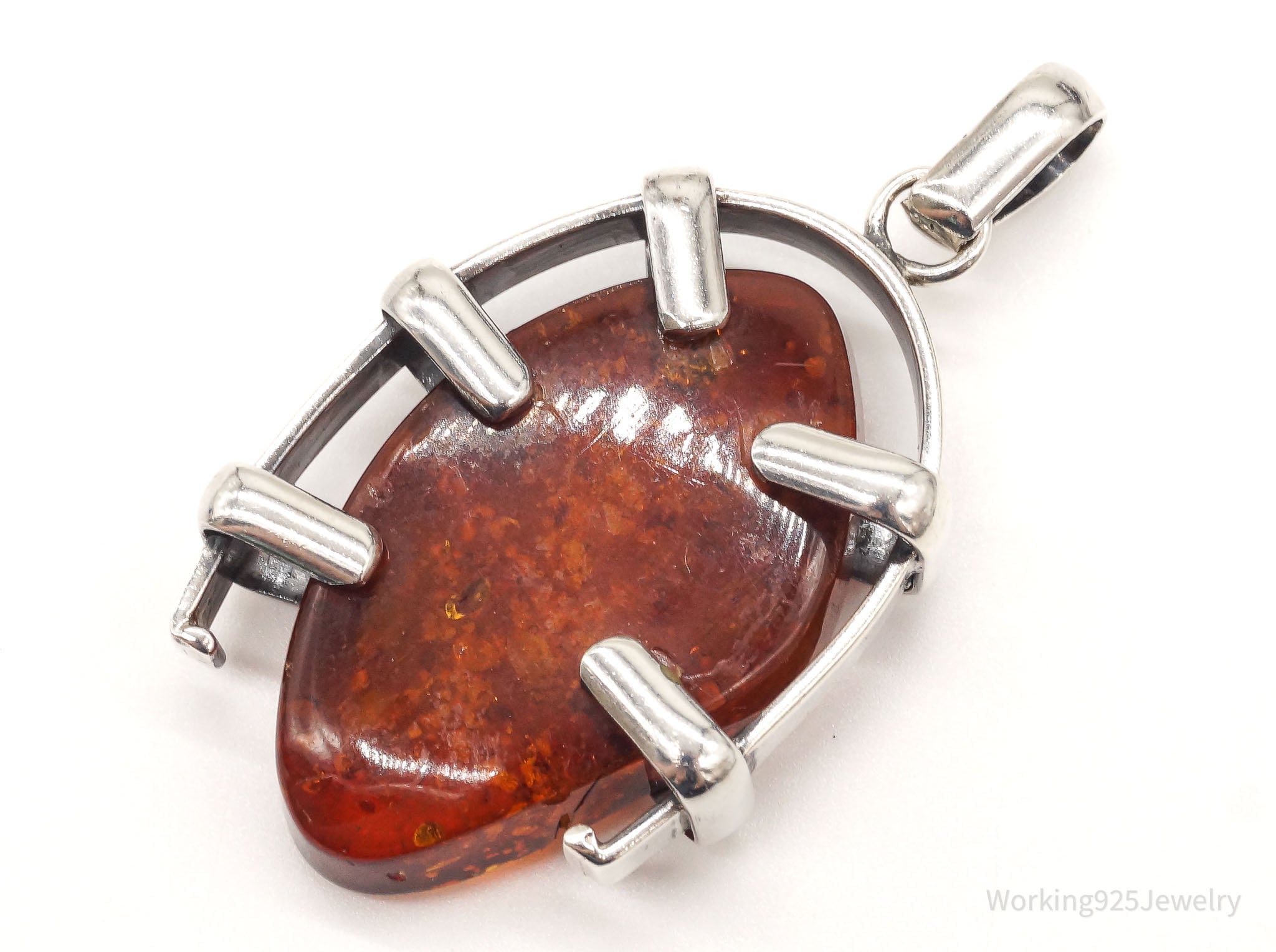 Large Vintage Amber Modernist Silver Necklace Pendant