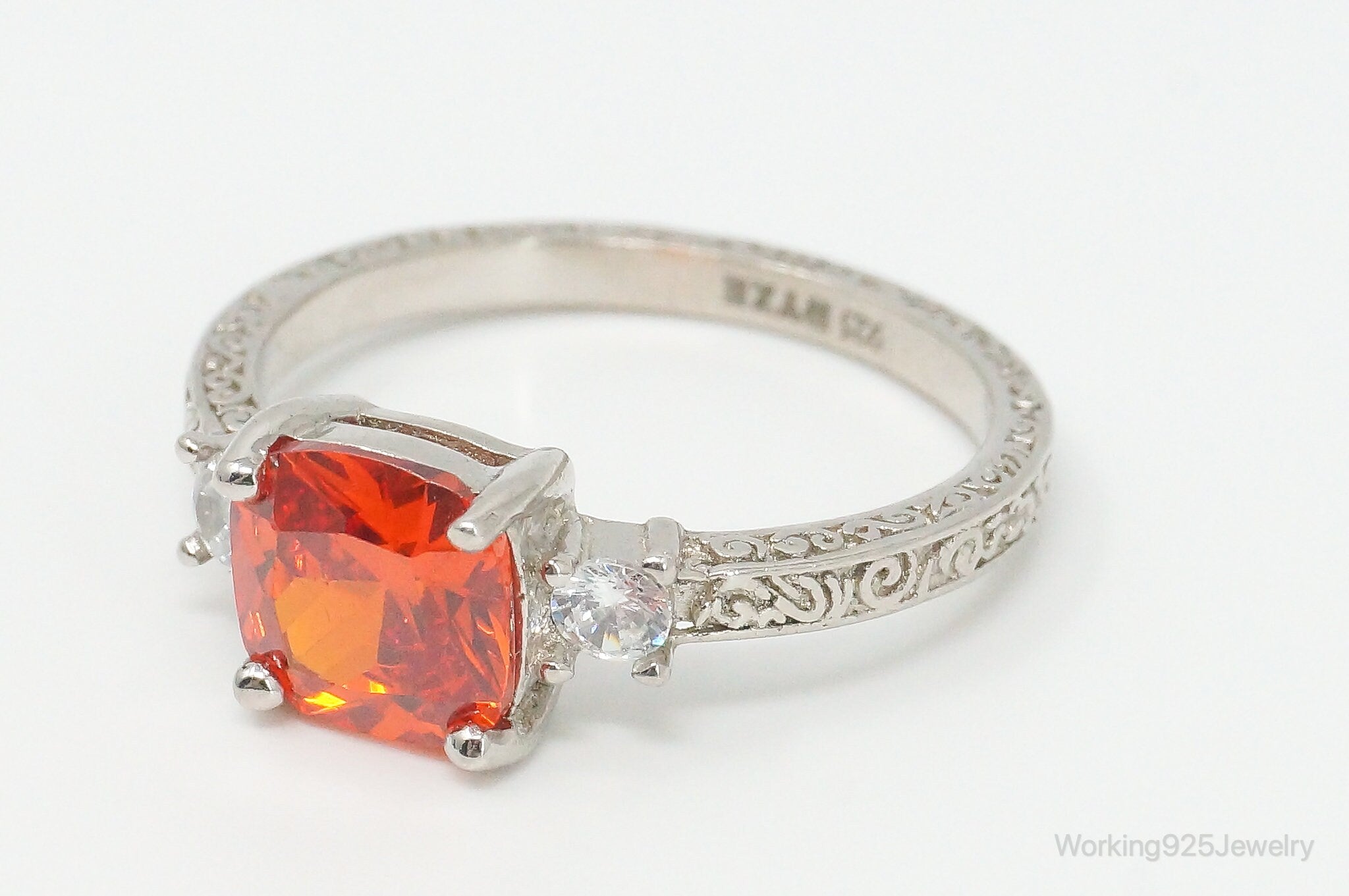 Large Orange Topaz White Cubic Zirconia Sterling Silver Ring - Size 9.25