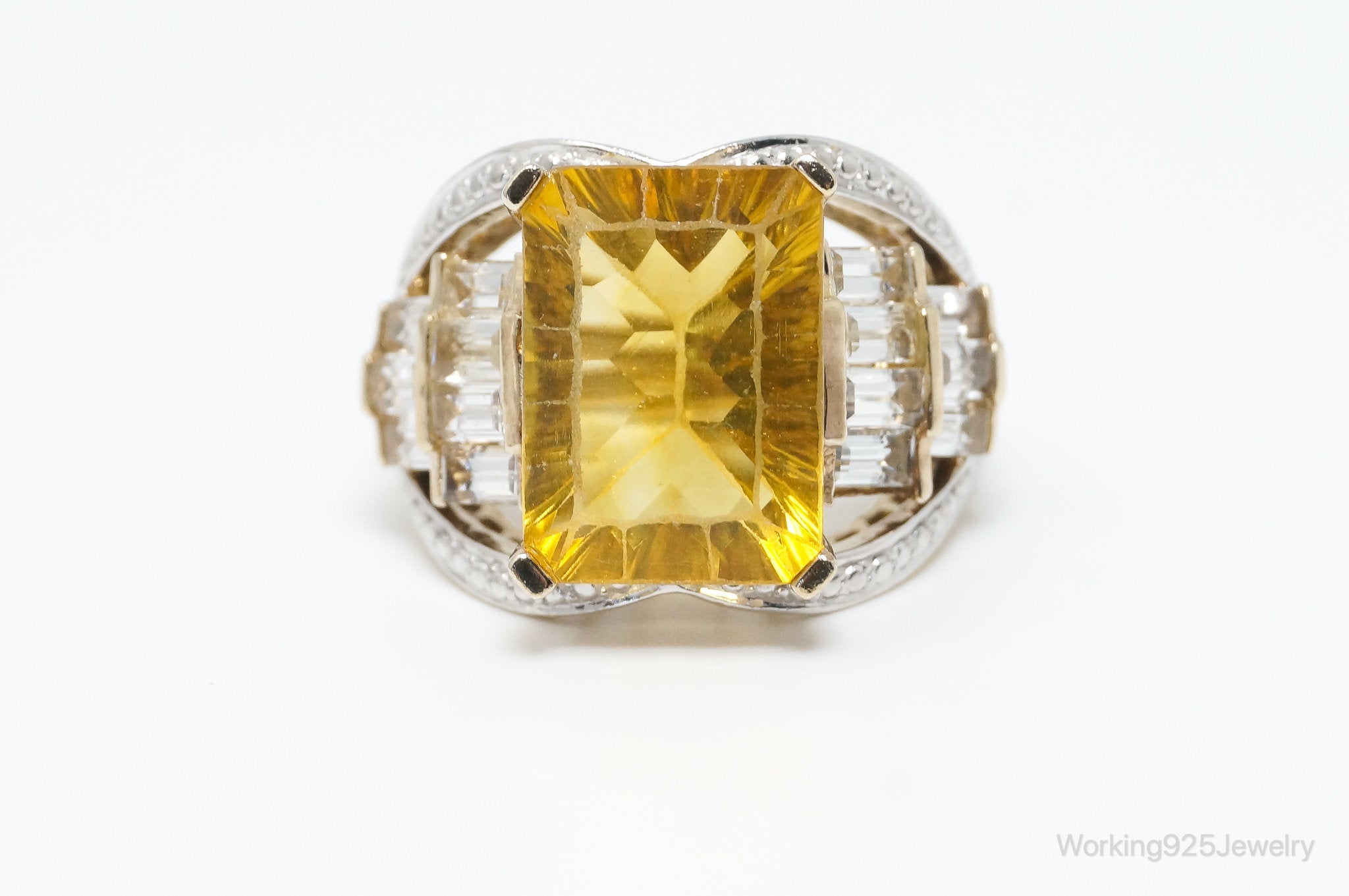 Vintage Art Deco Large Citrine CZ Gold Vermeil Sterling Silver Ring - Size 7