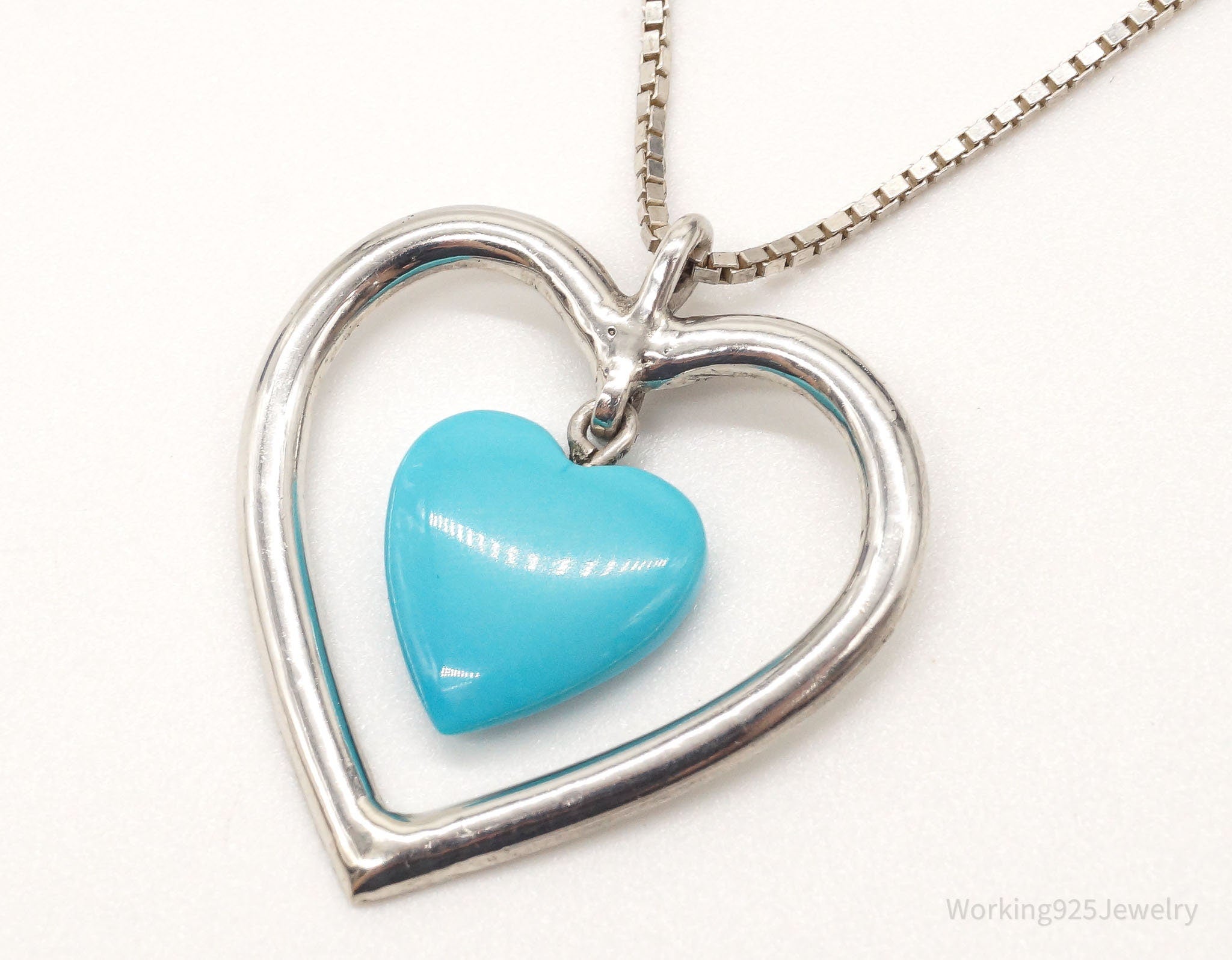 Vintage Blue Turquoise Heart Sterling Silver Necklace