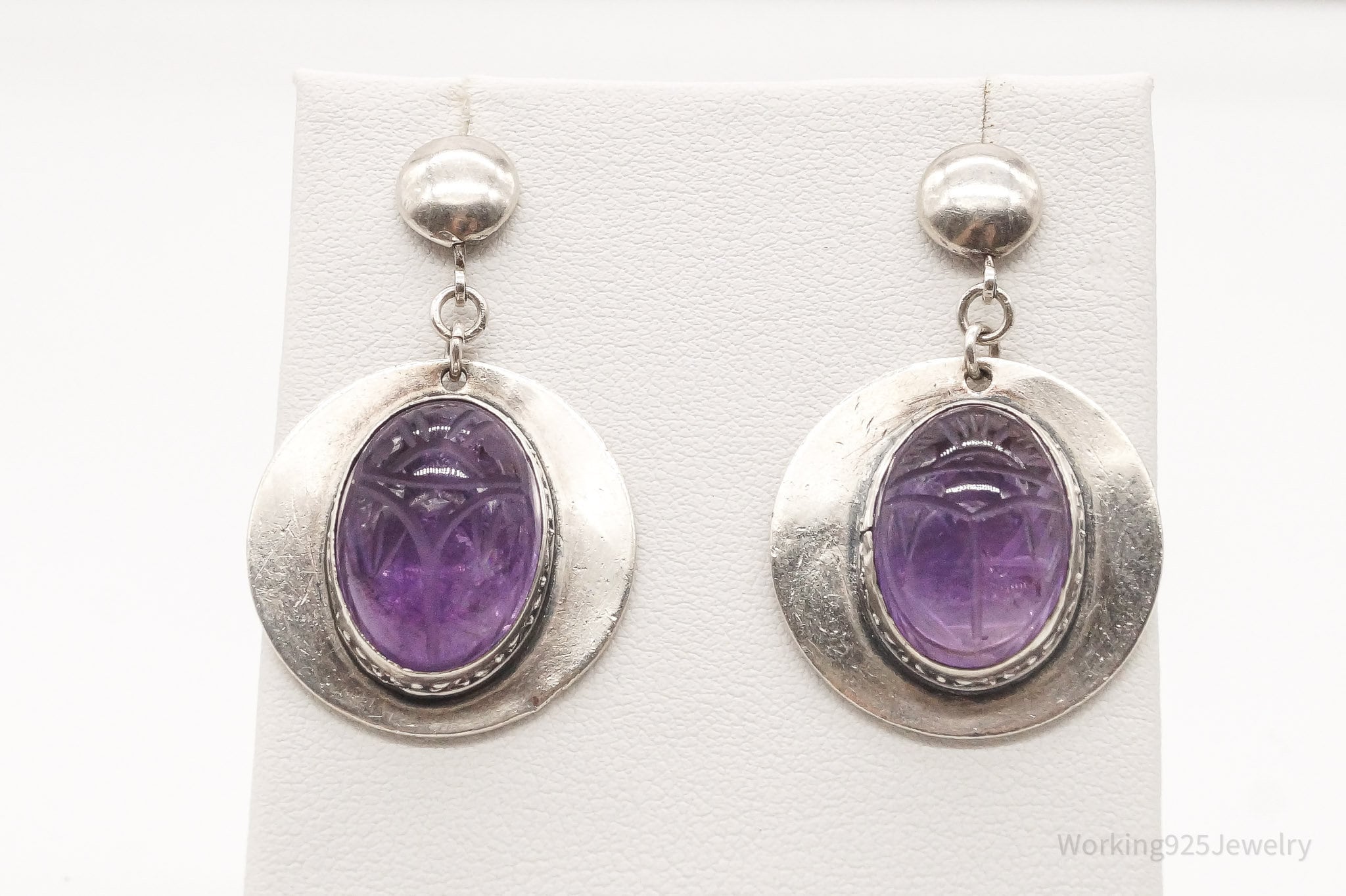 Vintage Large Carved Amethyst Egyptian Scarab Sterling Silver Earrings