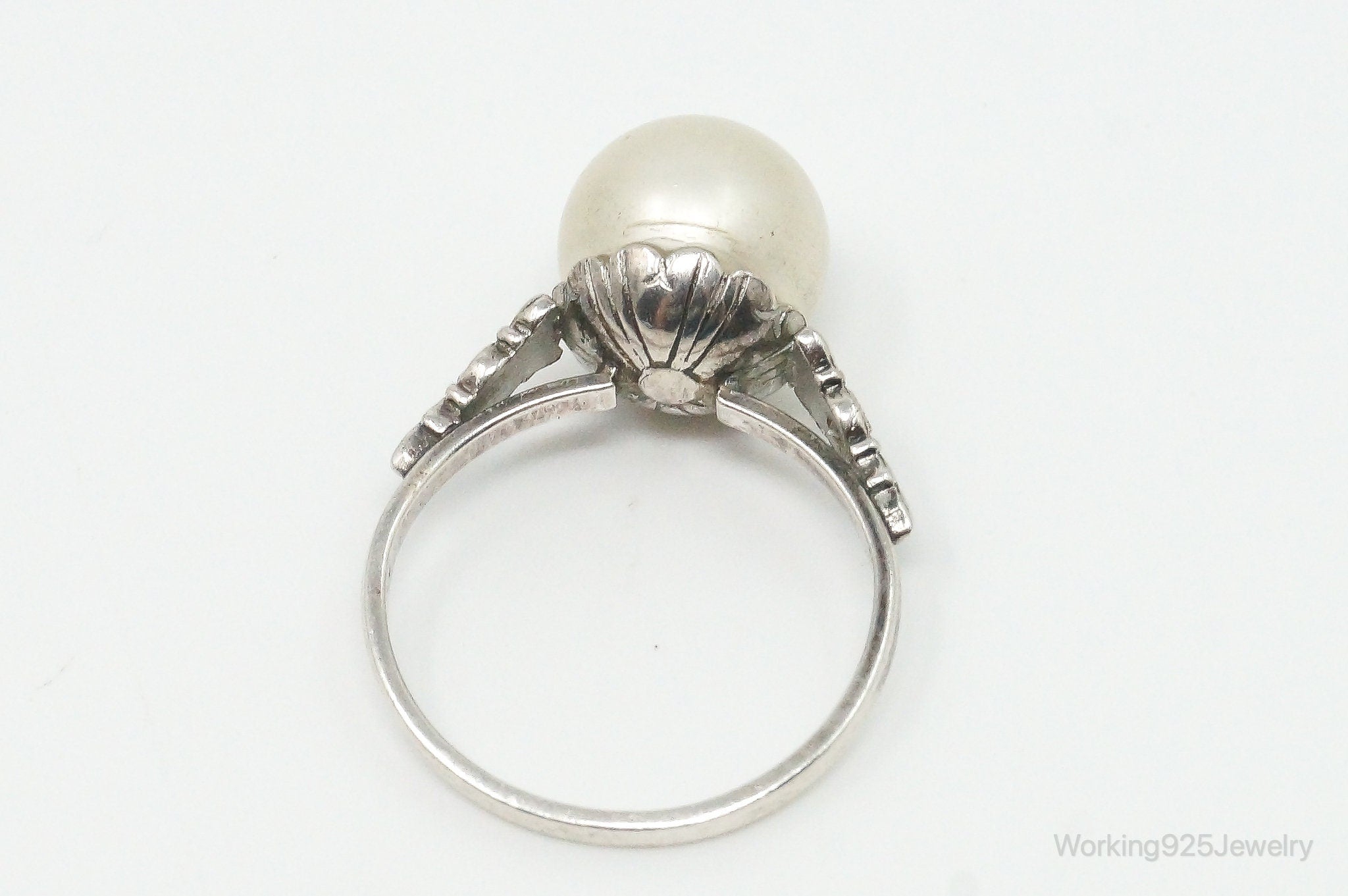 Antique Victorian Faux Pearl Marcasite CZ Sterling Silver Ring - Size 6.5