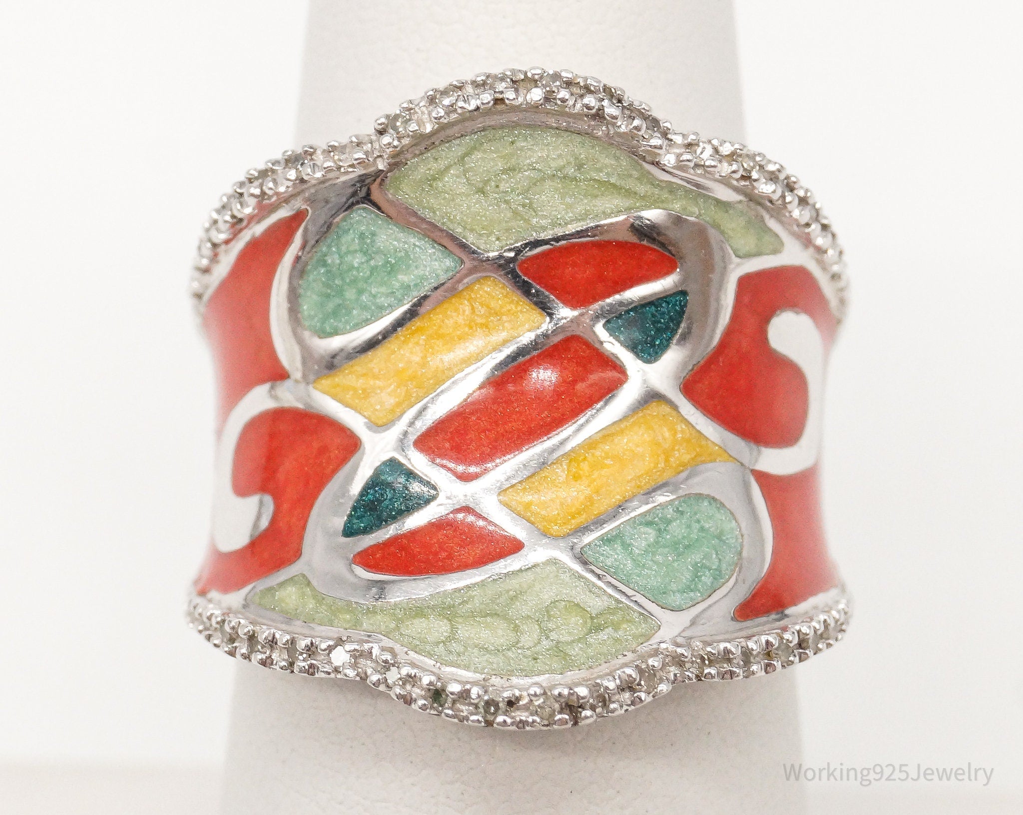 Designer JWBR Diamond Colorful Enamel Sterling Silver Ring - Size 6.75