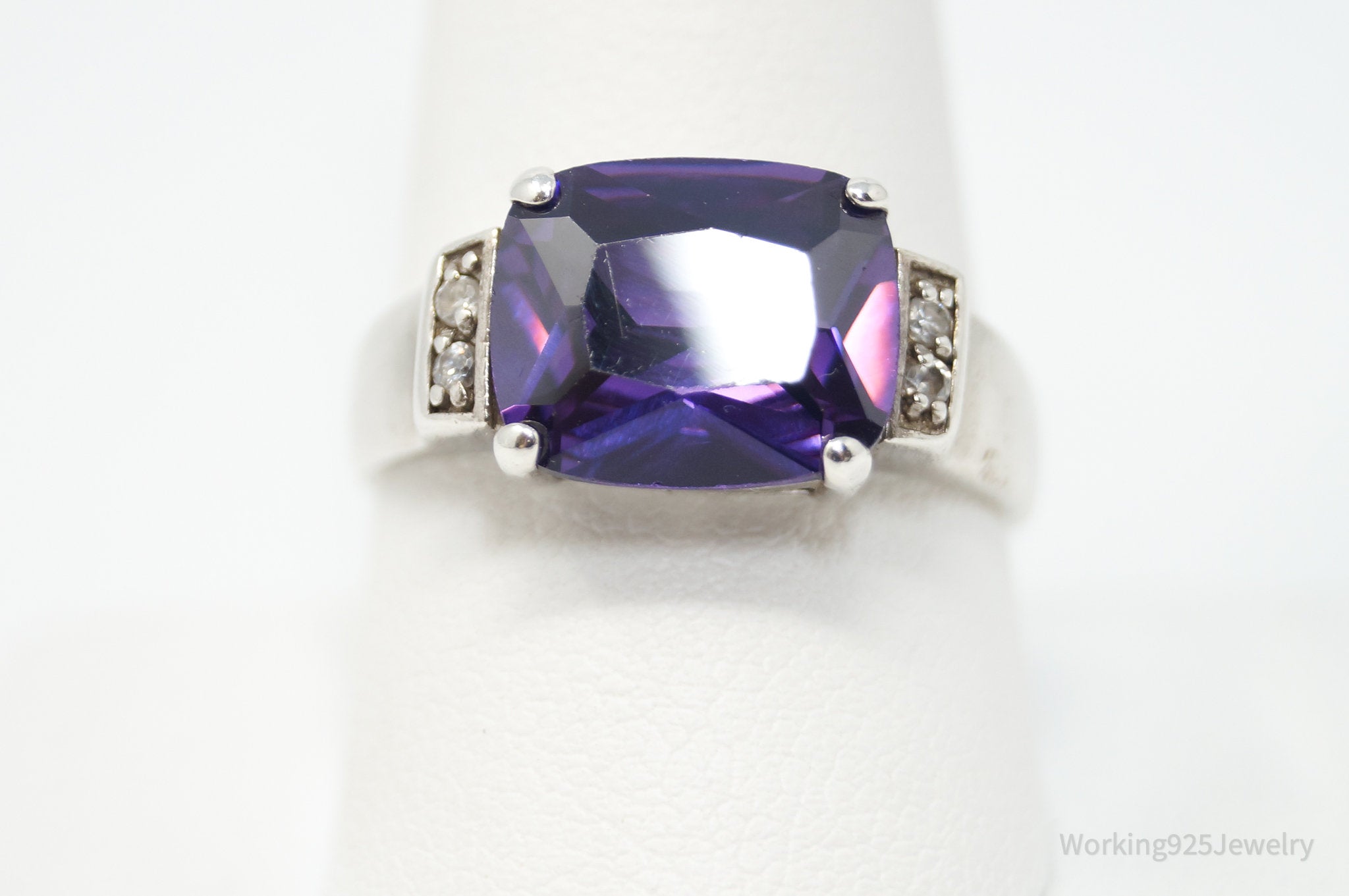 Vintage Art Deco Amethyst CZ Sterling Silver Statement Ring - Sz 10