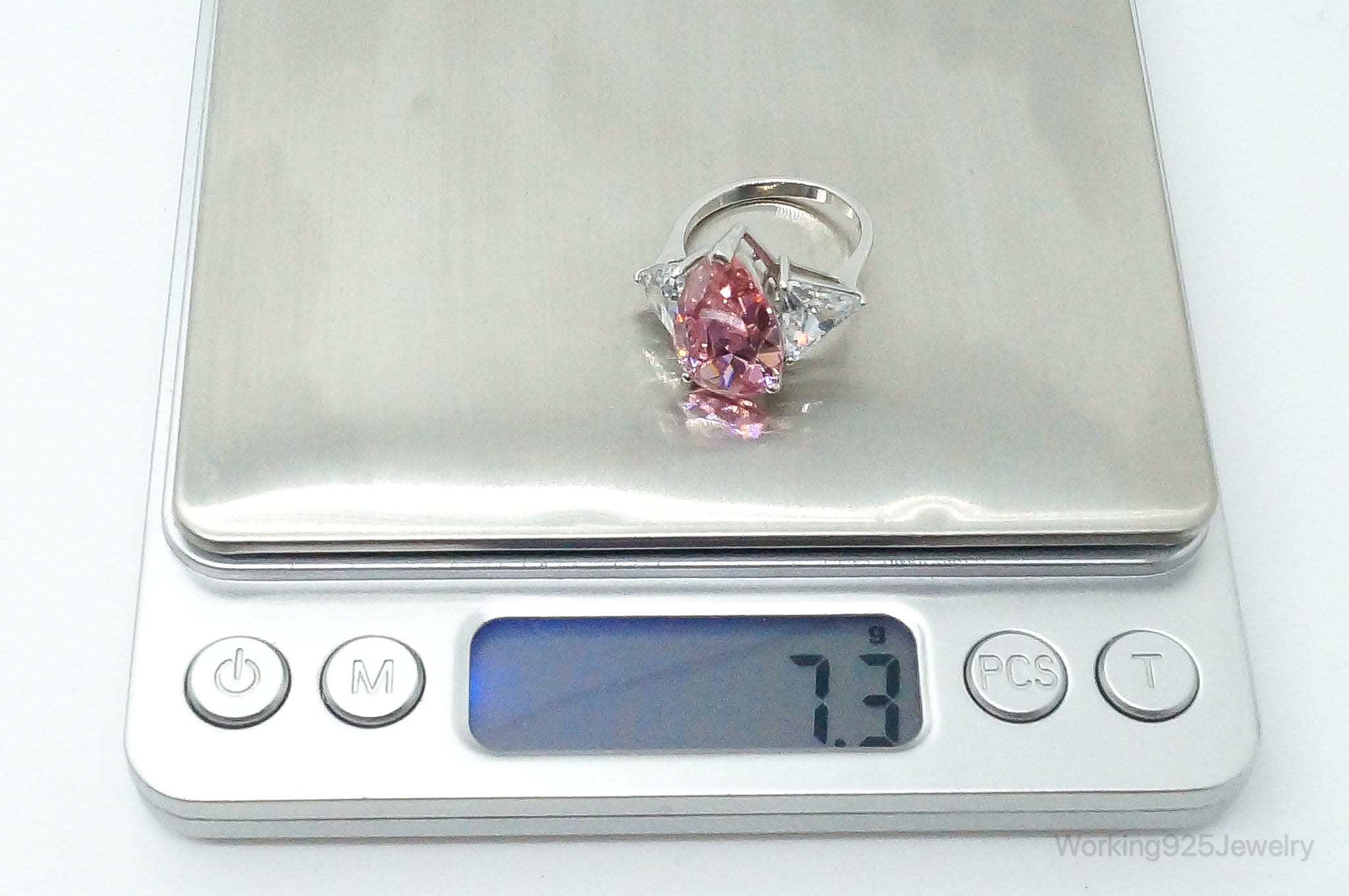 Large Pink Topaz & Cubic Zirconia Sterling Silver Ring - Size 7.25