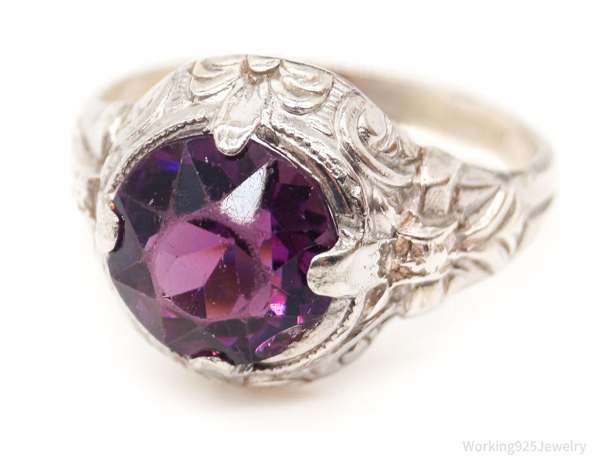 Antique Uncas Purple Glass Stone Sterling Silver Ring - Size 6