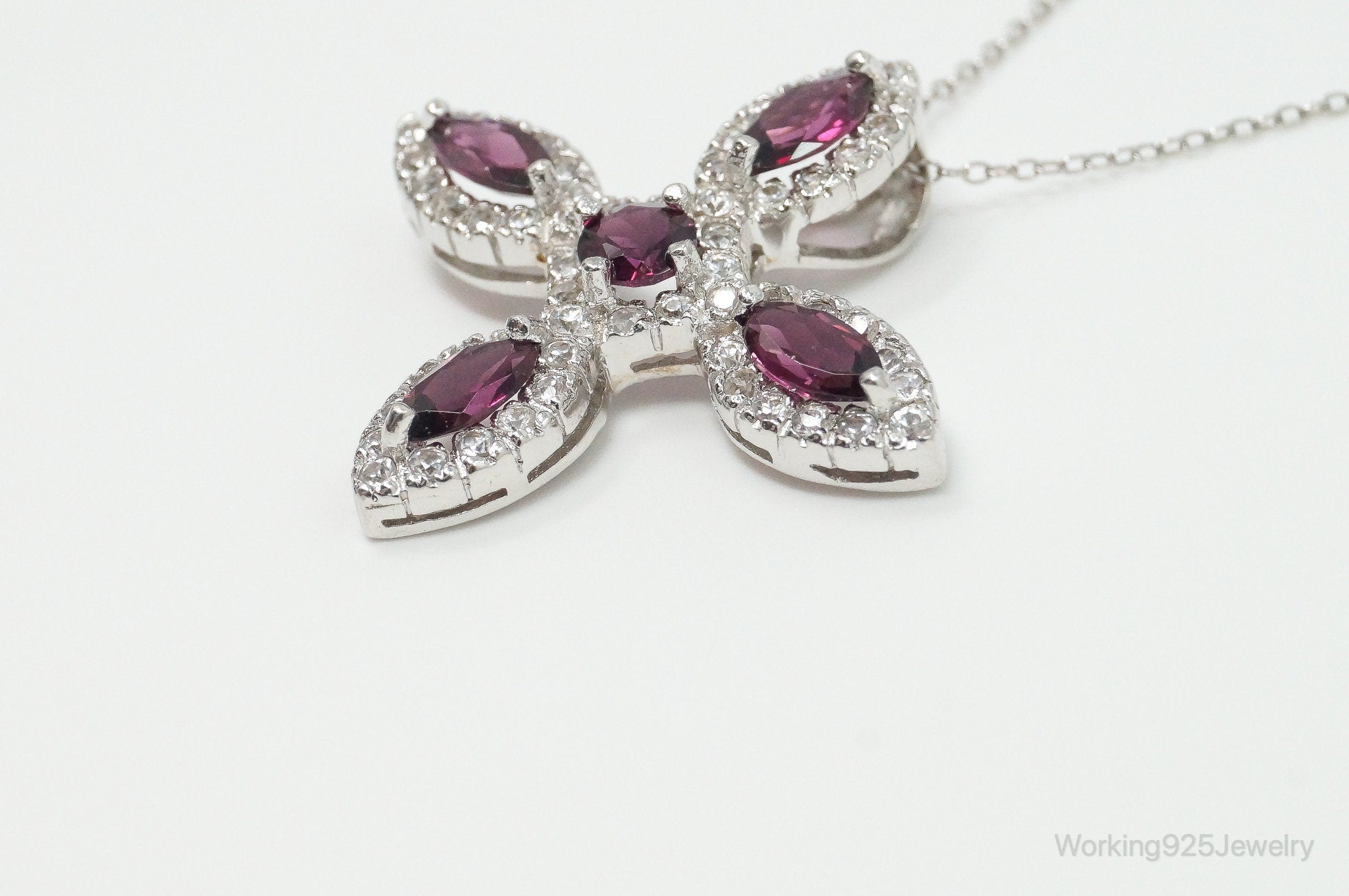 Large Rhodolite Garnet Cubic Zirconia Sterling Silver Necklace