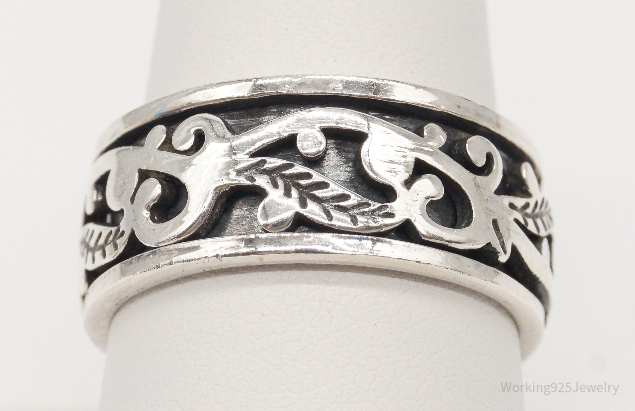 Vintage Floral Leaf Sterling Silver Spinner Ring - Size 9.25