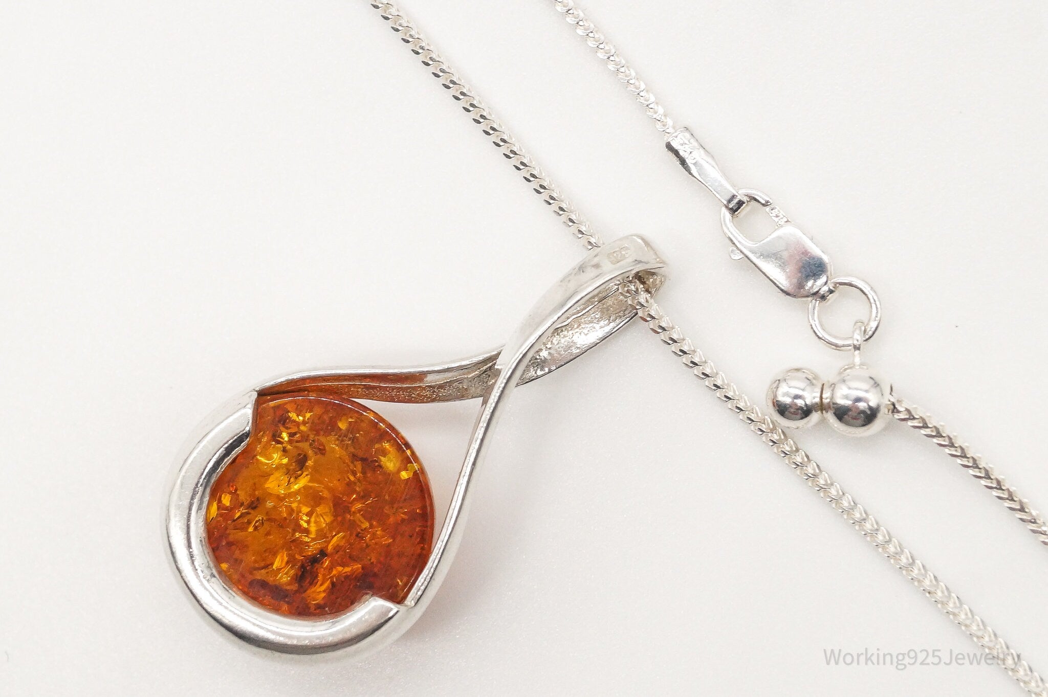 Vintage Large Amber Sterling Silver Adjustable Chain Necklace