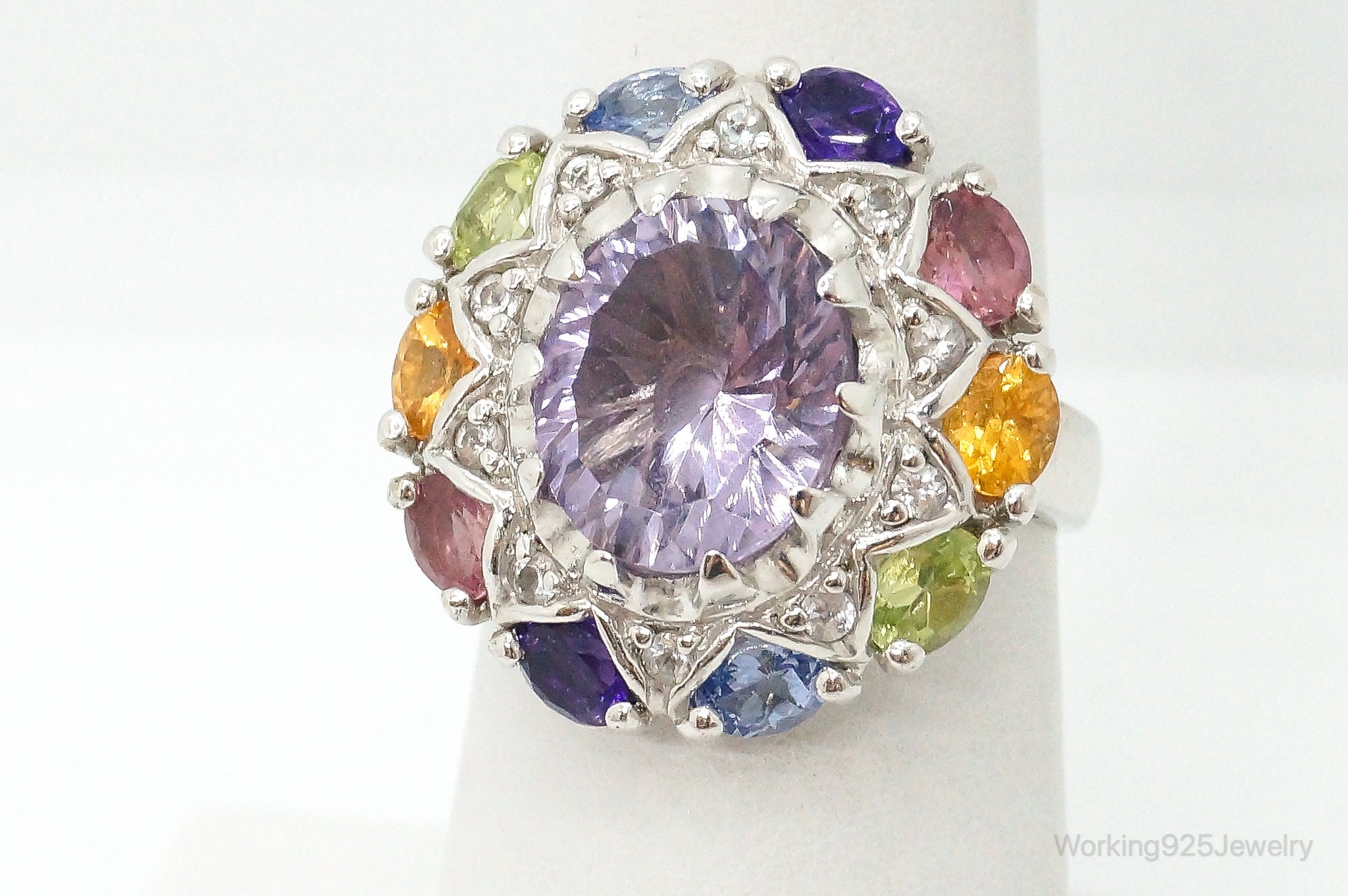 Designer Multi Gemstone Sterling Silver Ring - Size 6