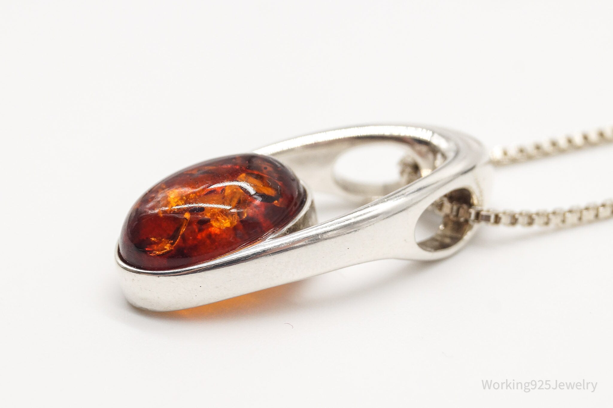 Vintage Amber Modernist Sterling Silver Chain Necklace