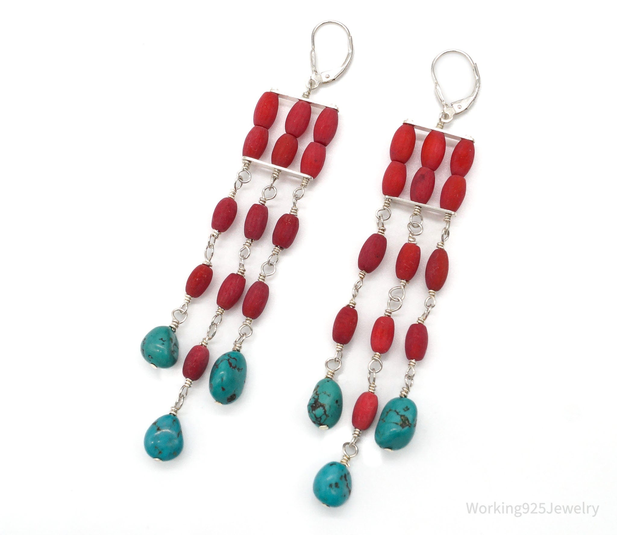 Designer SX Turquoise & Coral Sterling Silver Earrings