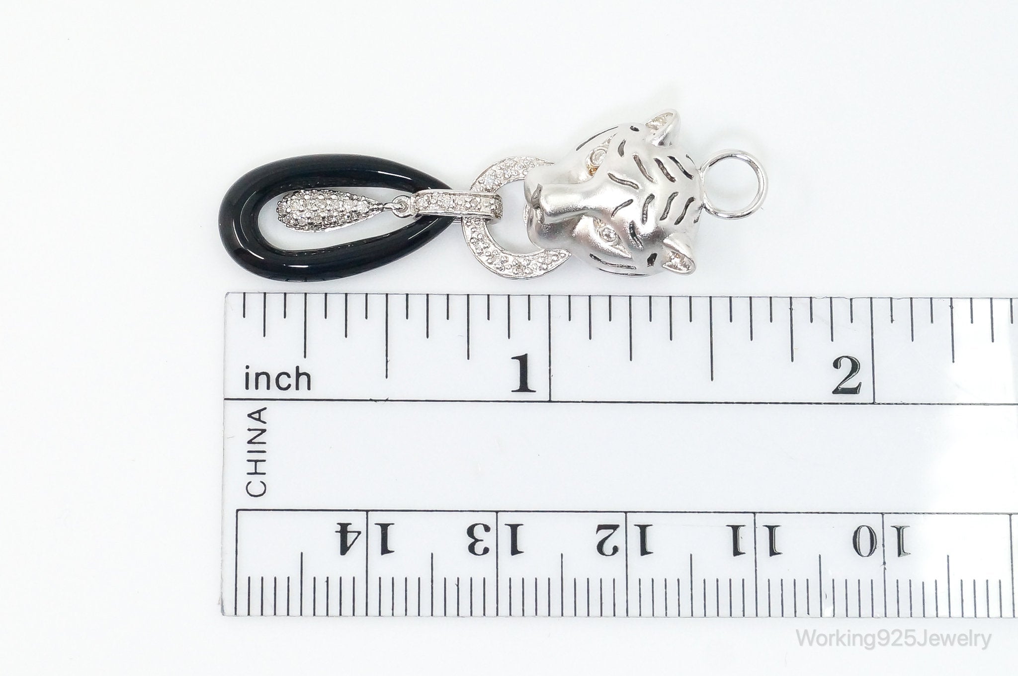 Designer EA Black Onyx Cubic Zirconia Tiger Knocker Sterling Silver Pendant