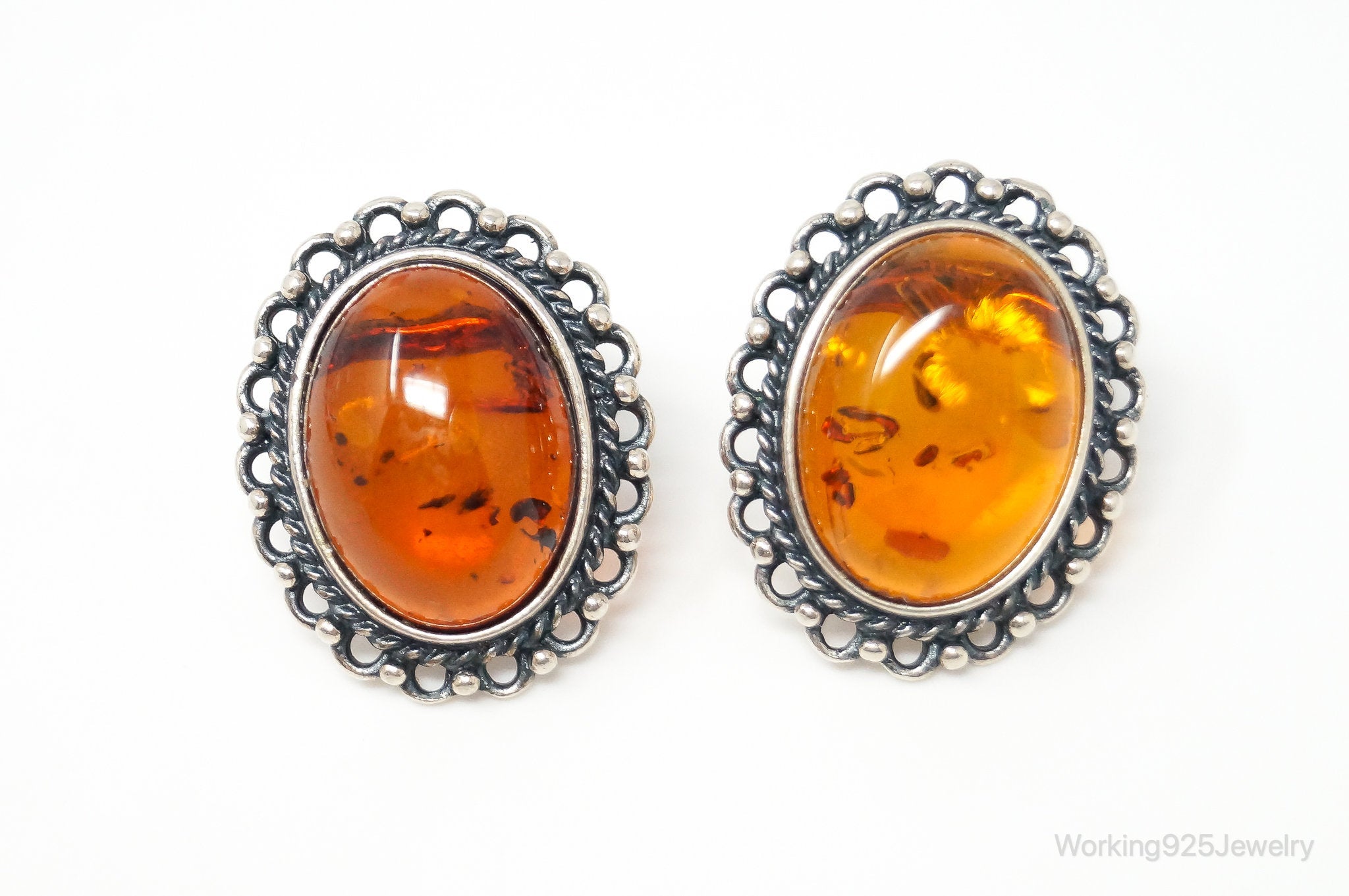 Vintage Amber Sterling Silver Earrings