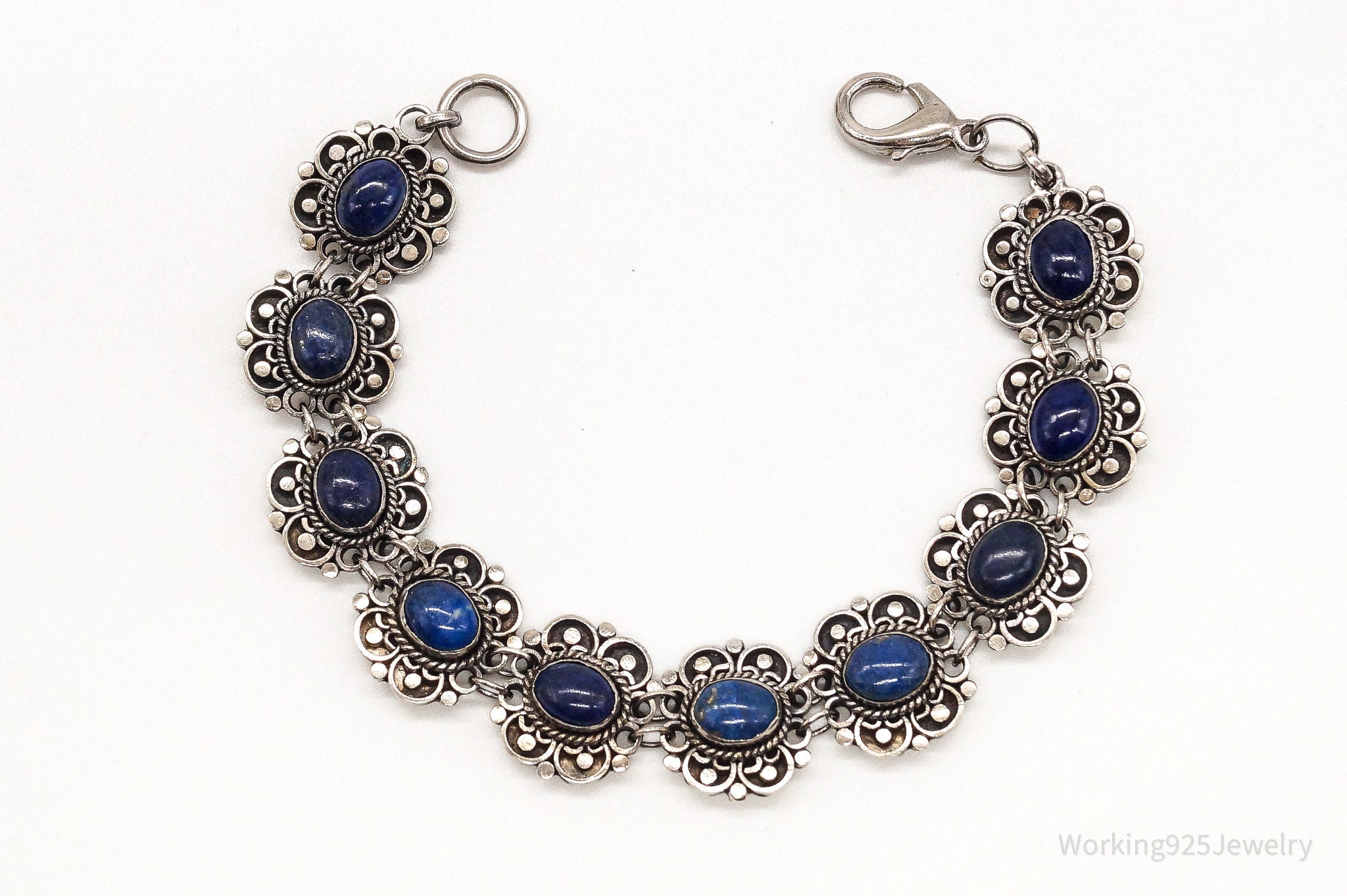 Vintage Lapis Lazuli Flowers Sterling Silver Bracelet