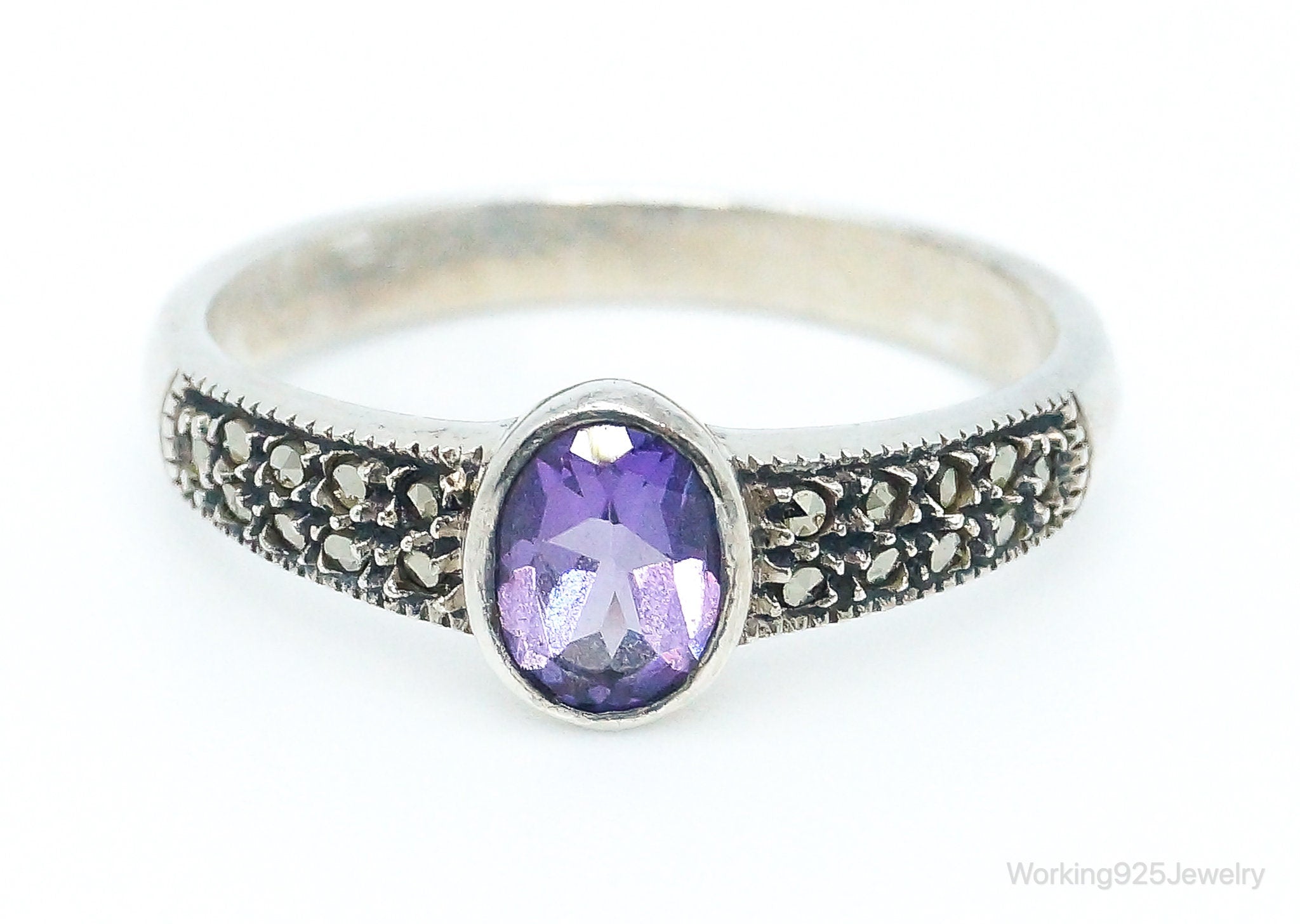 Vintage Judith Jack Amethyst Marcasite Sterling Silver Ring Size 9.75