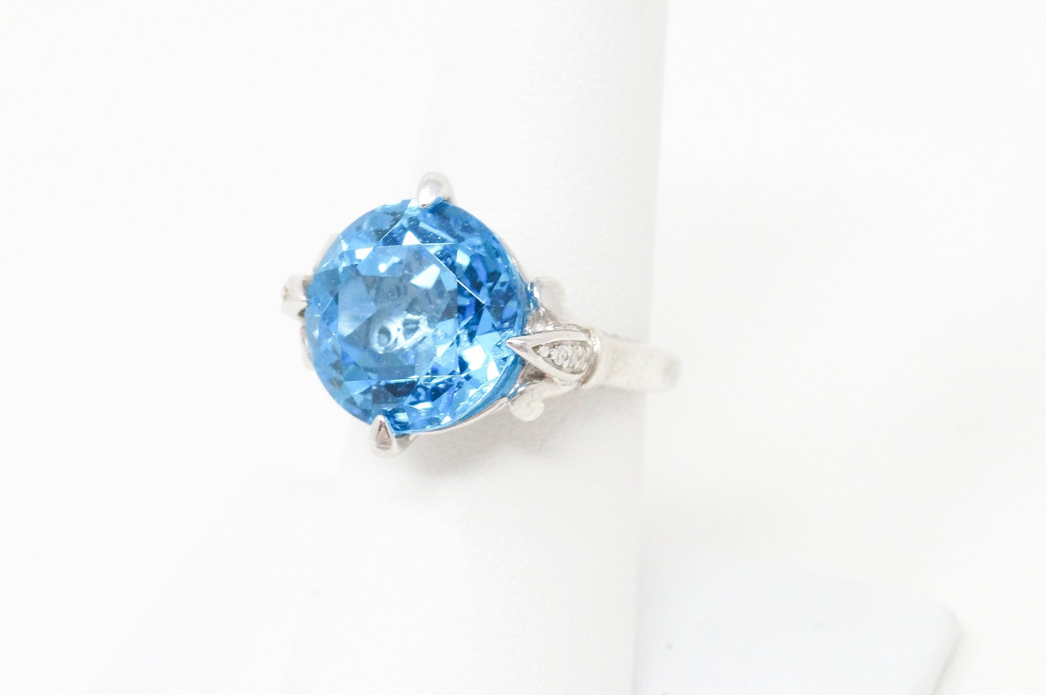 Vintage Art Deco Style Blue Topaz CZ Sterling Silver Statement Ring Sz 7