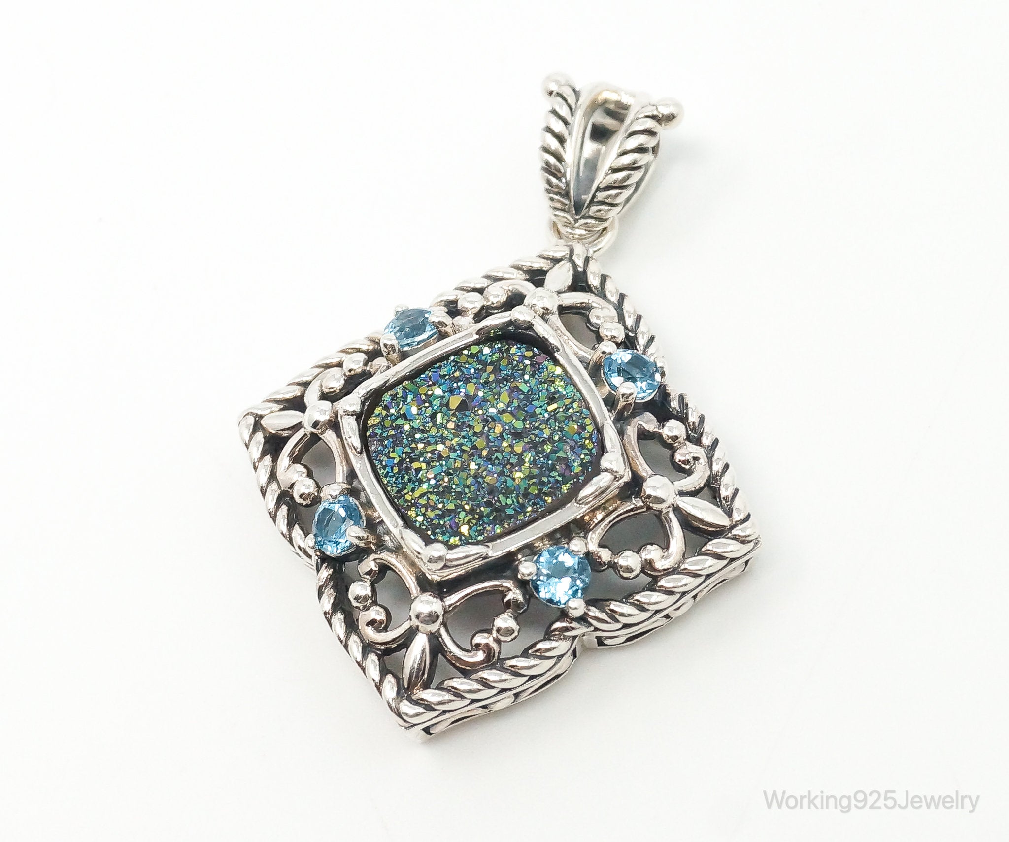 Vintage Druzy Quartz Blue Topaz Sterling Silver Necklace Pendant