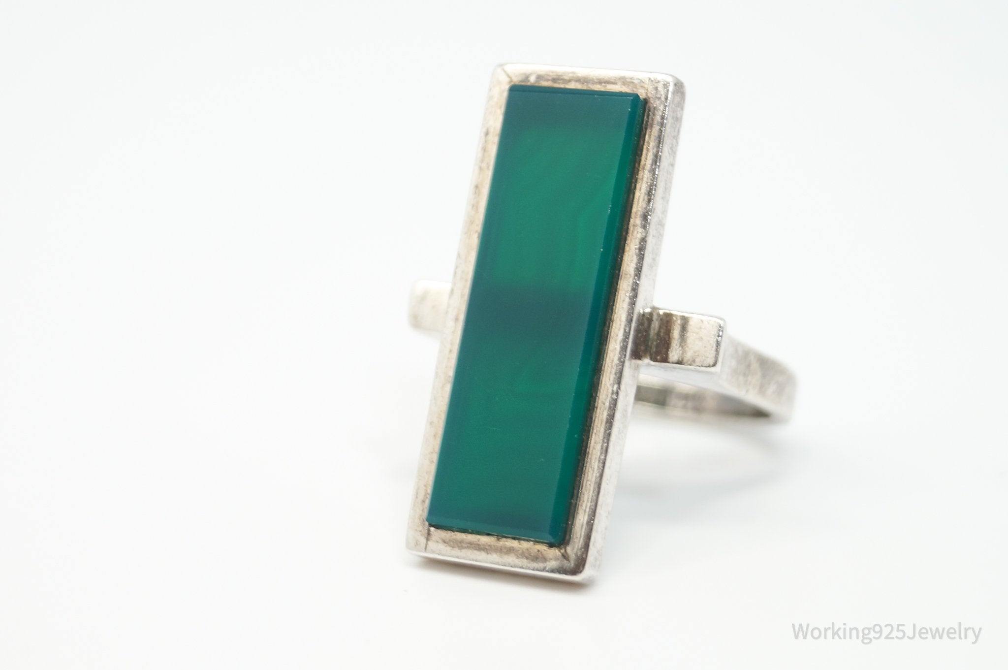 Antique Long Green Onyx Sterling Silver Ring - Size 7