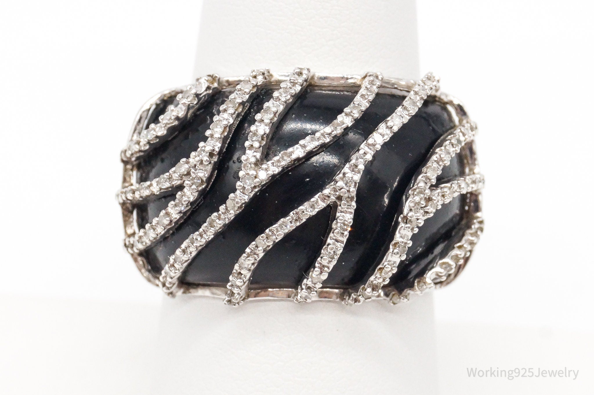 Vintage Designer JWBR Diamond Black Stone Sterling Silver Ring - Size 7