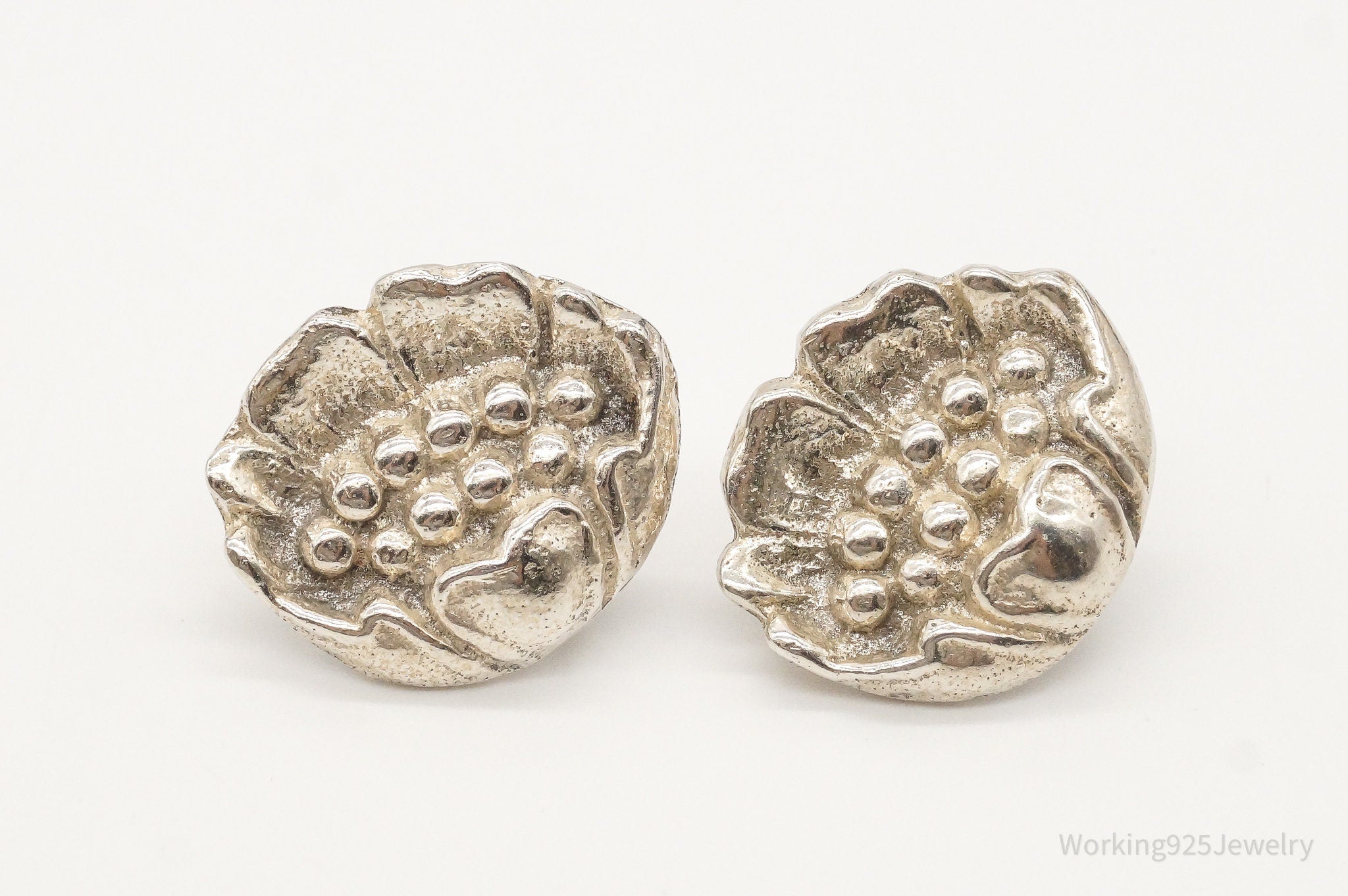 Antique Flowers Sterling Silver Screw Back Earrings