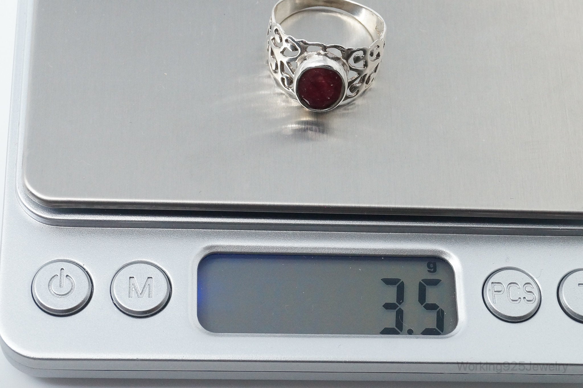 Vintage Art Deco Ruby Scroll Sterling Silver Ring - Size 8