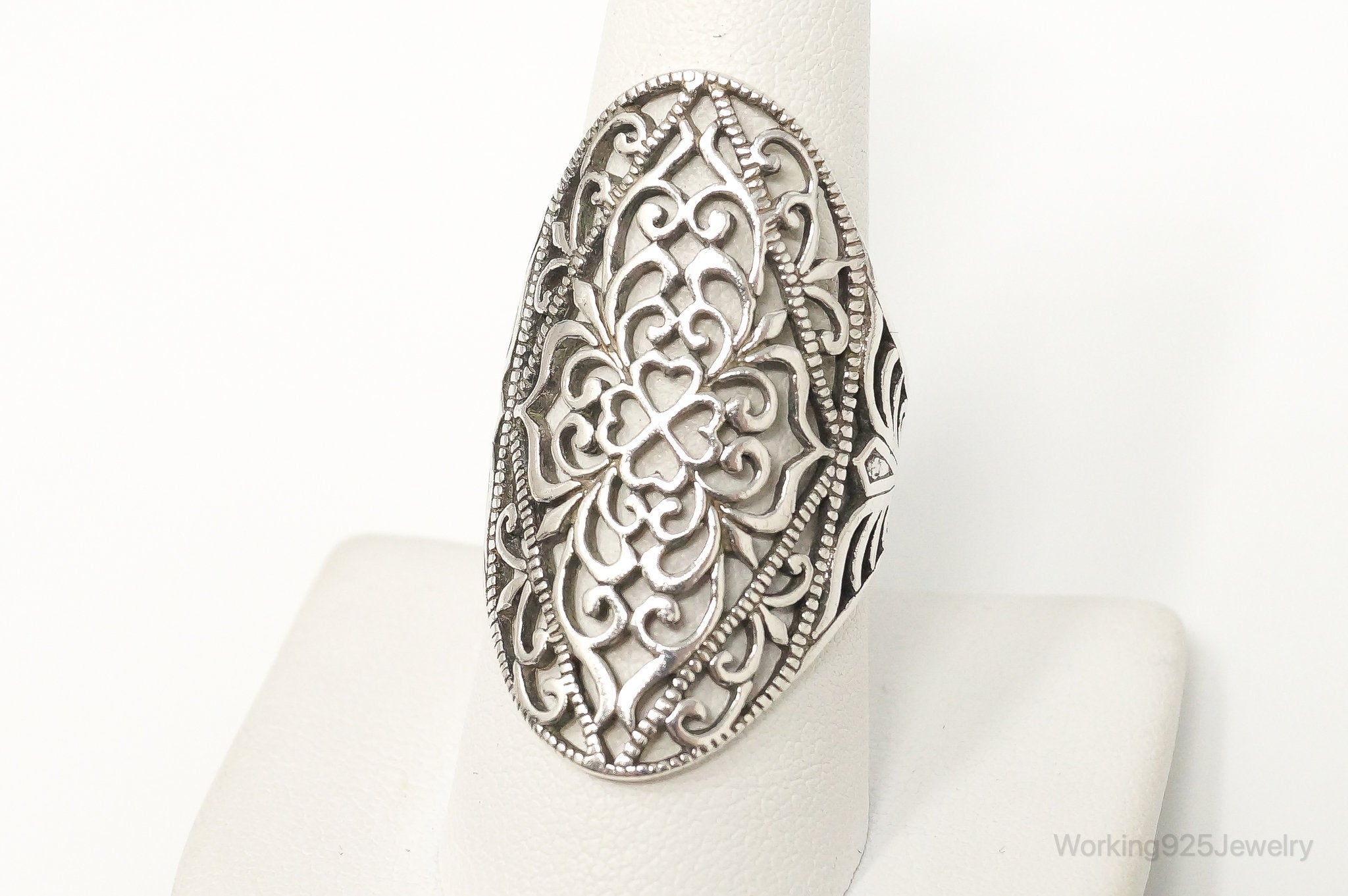 Vintage Long Scroll Swirls Filigree Sterling Silver Ring - Size 9.25