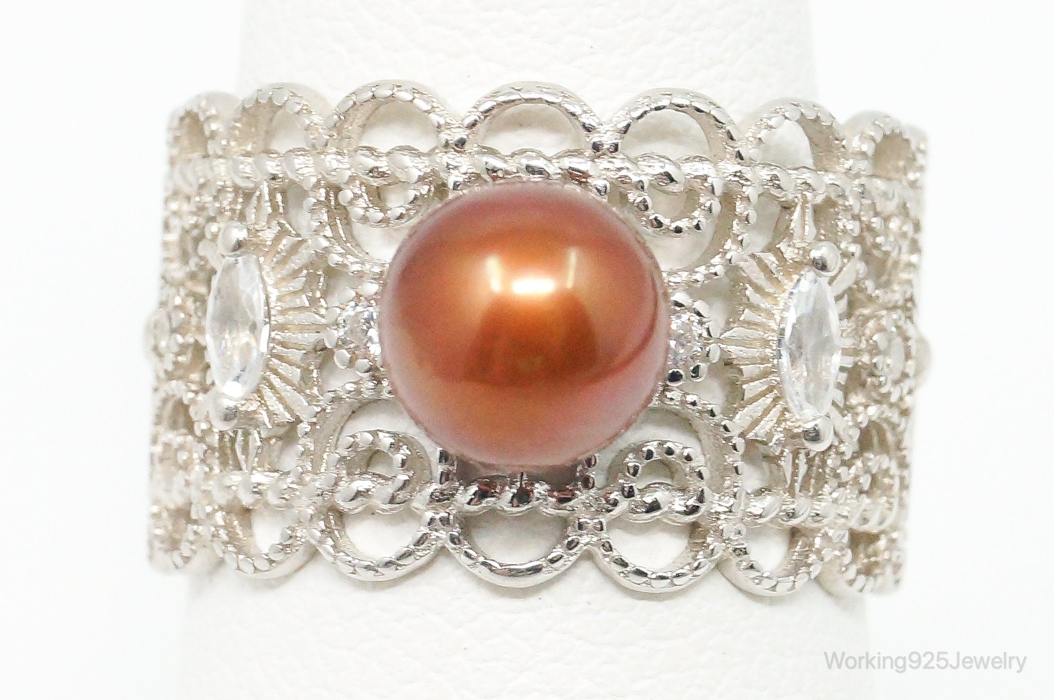 Pearl Cubic Zirconia Sterling Silver Ring - Size 7.25 Adjustable