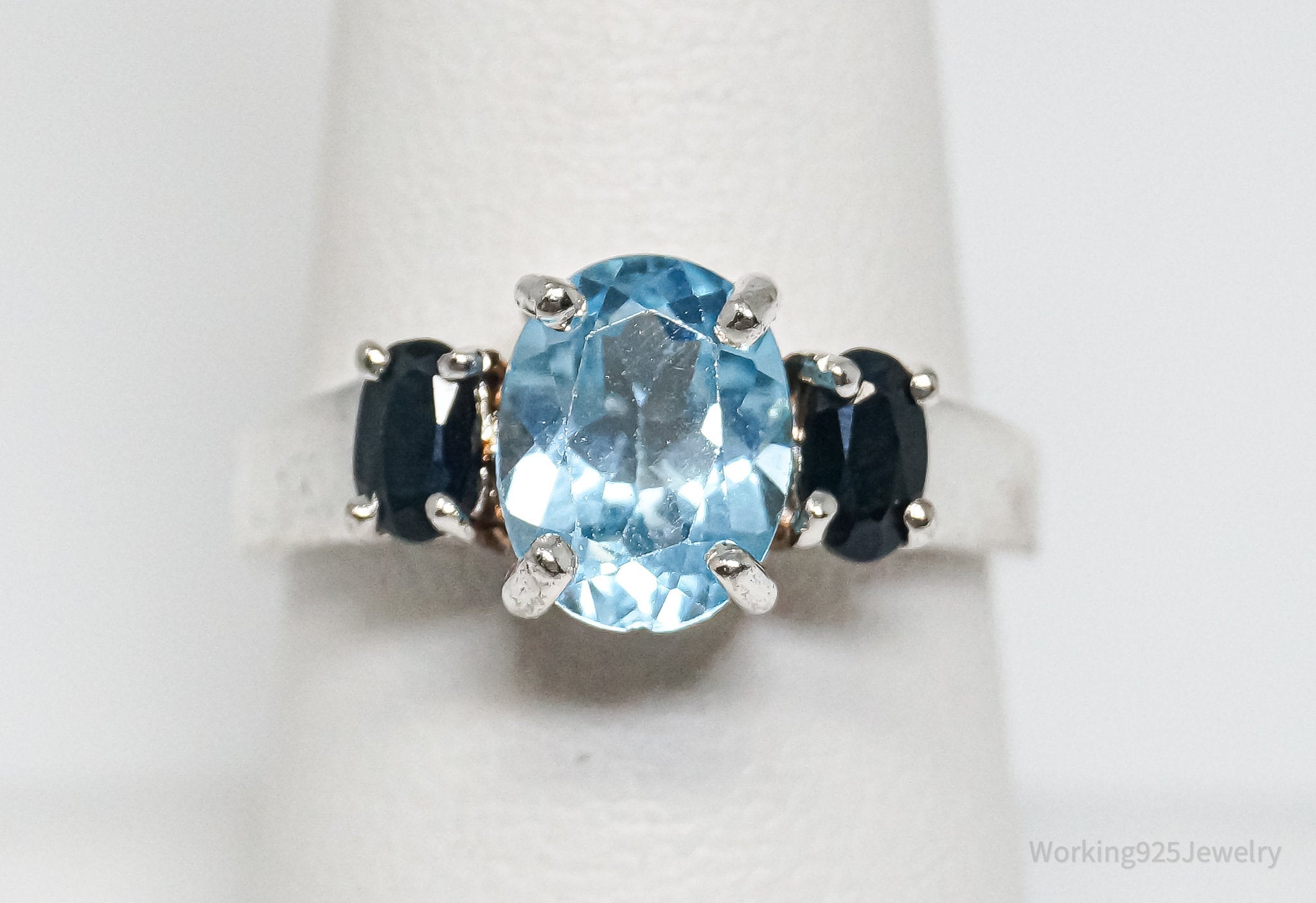 Vintage Blue Topaz Sapphire Sterling Silver Ring - Sz 7.75