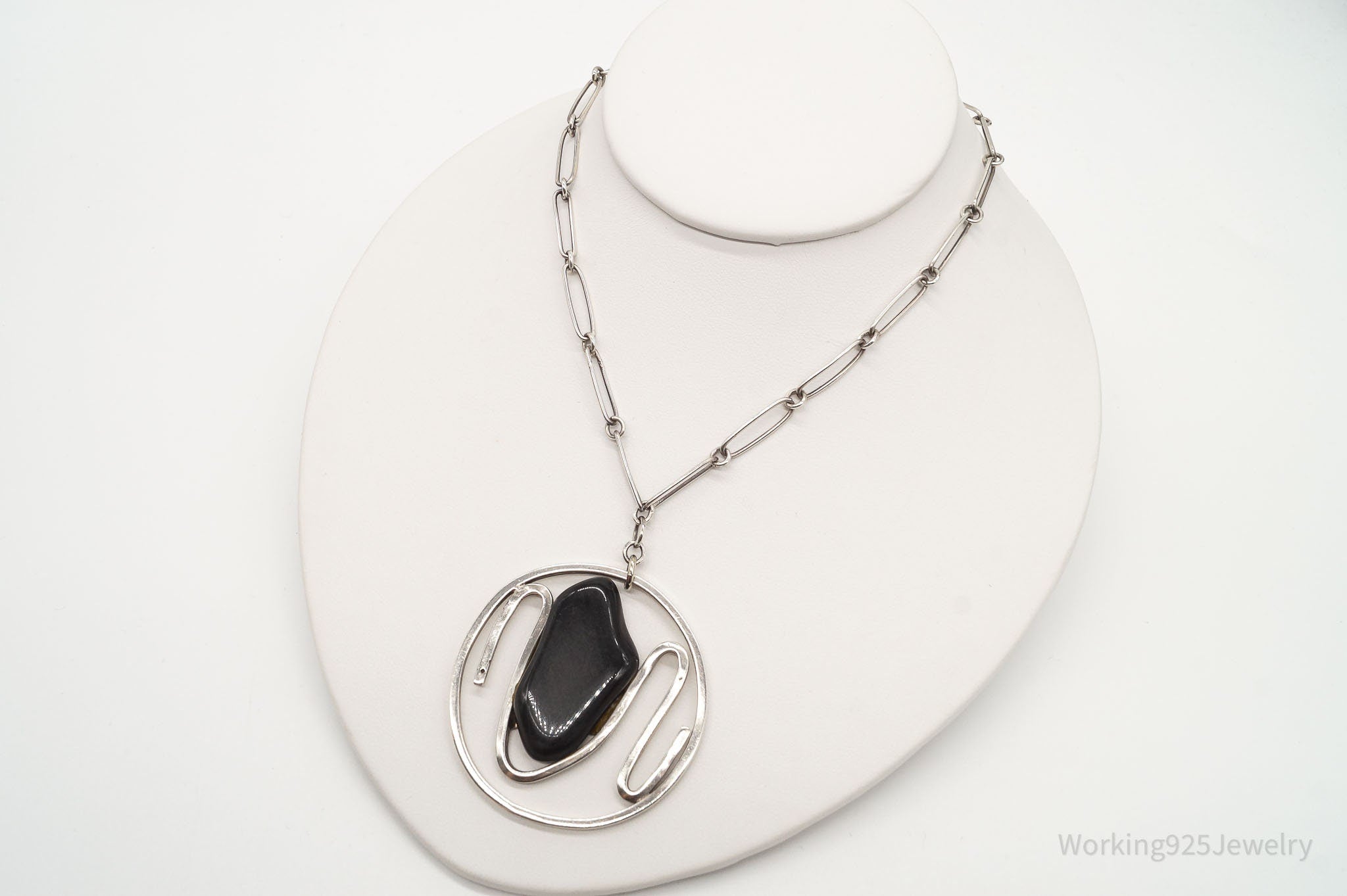 Vintage Black Onyx Modernist Silver Chain Necklace